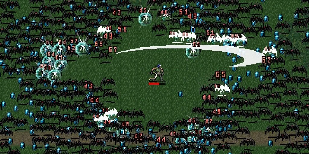 Nhân vật sử dụng vũ khí tự động (roi) trong game bullet heaven Vampire Survivors