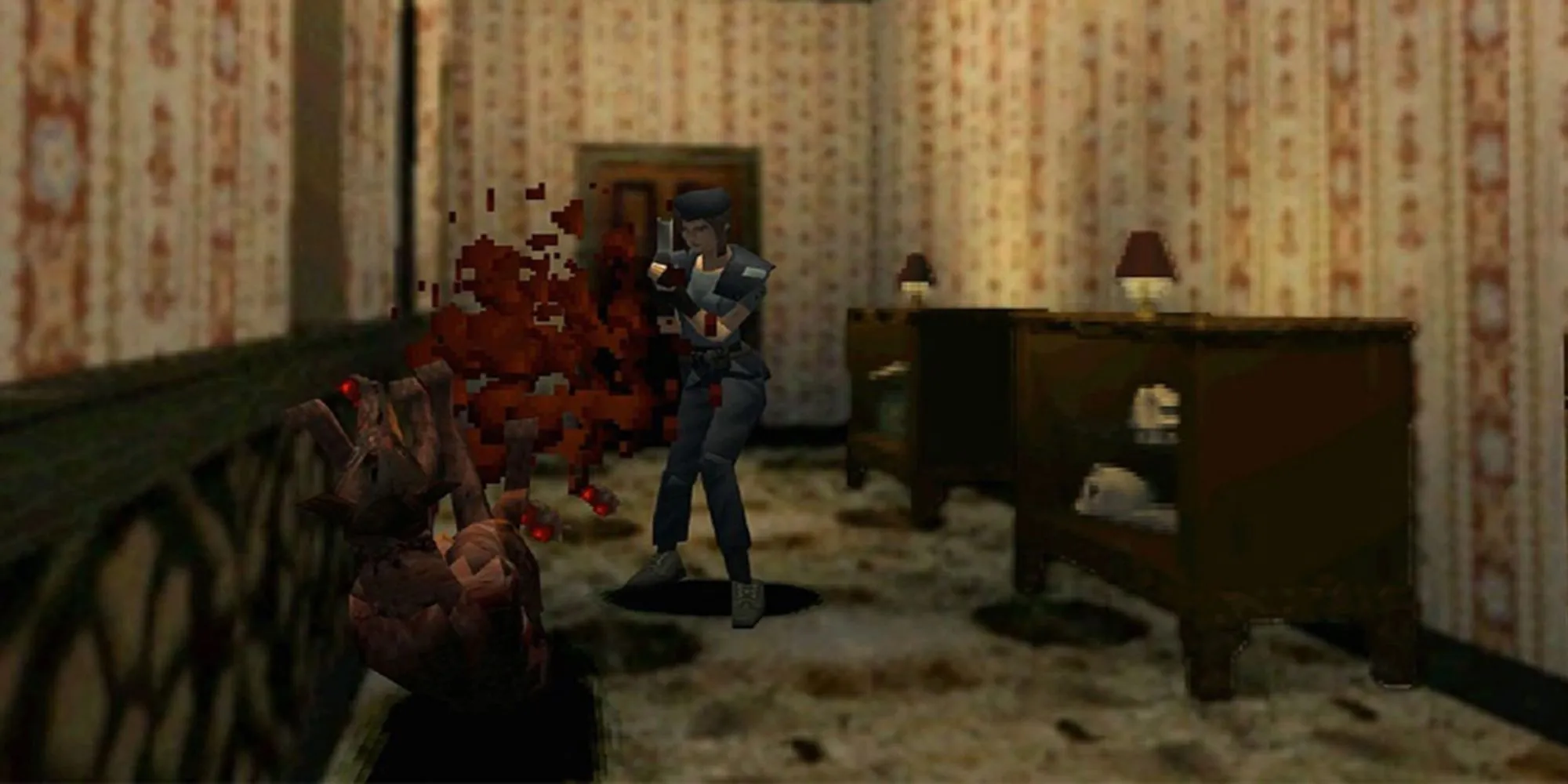 Nhân vật trong Resident Evil bản gốc chiến đấu với zombie trong hành lang