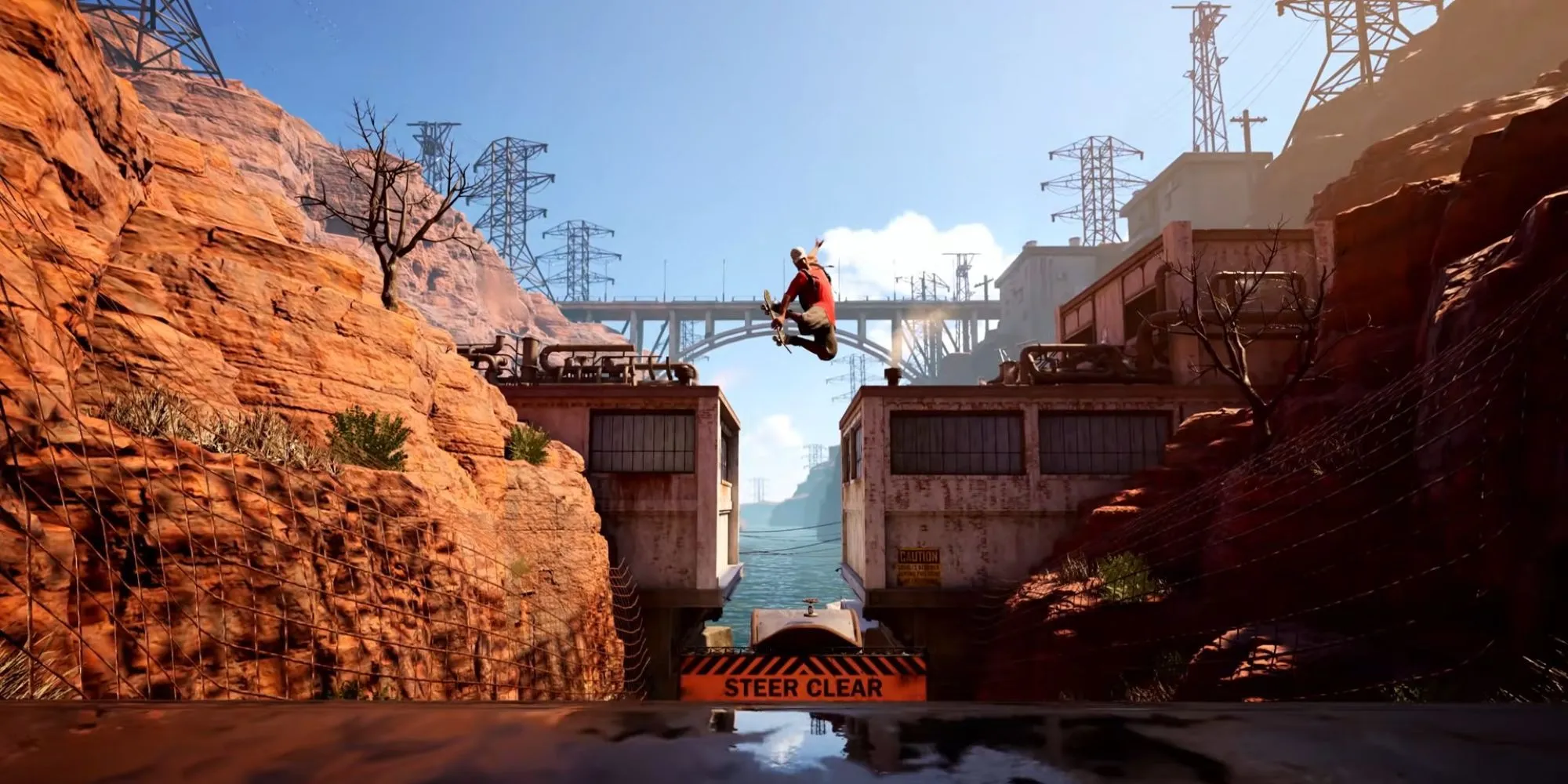 Nhân vật trượt ván Tony Hawk thực hiện cú nhảy cao trong bản đồ Downhill Jam của game Tony Hawk's Pro Skater 1+2