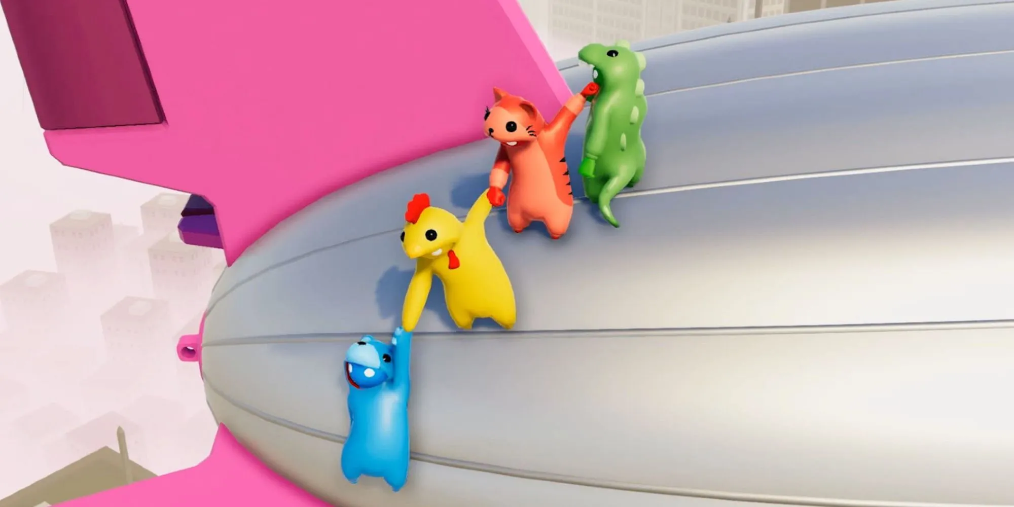 Những nhân vật hình dáng blob vật lộn trên một đường ray tàu trong Gang Beasts