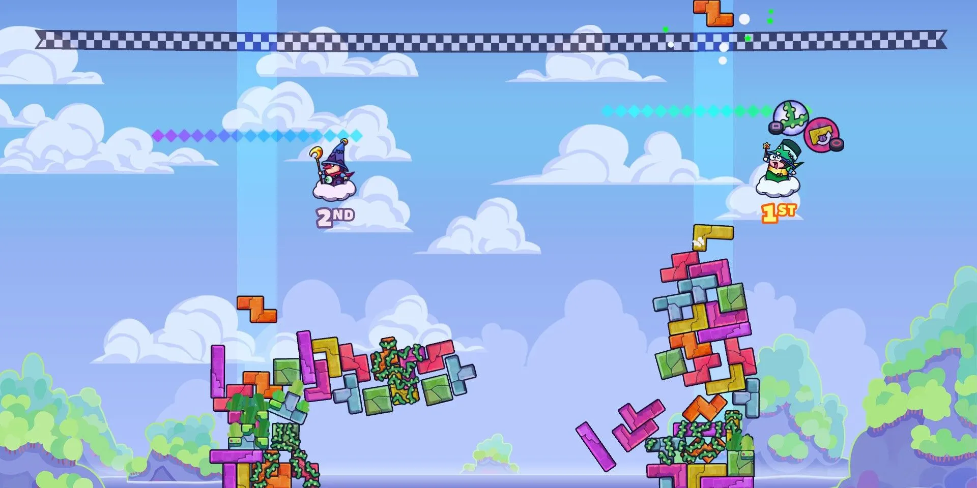 Những tòa tháp gạch màu sắc đang đổ sụp trong game Tricky Towers