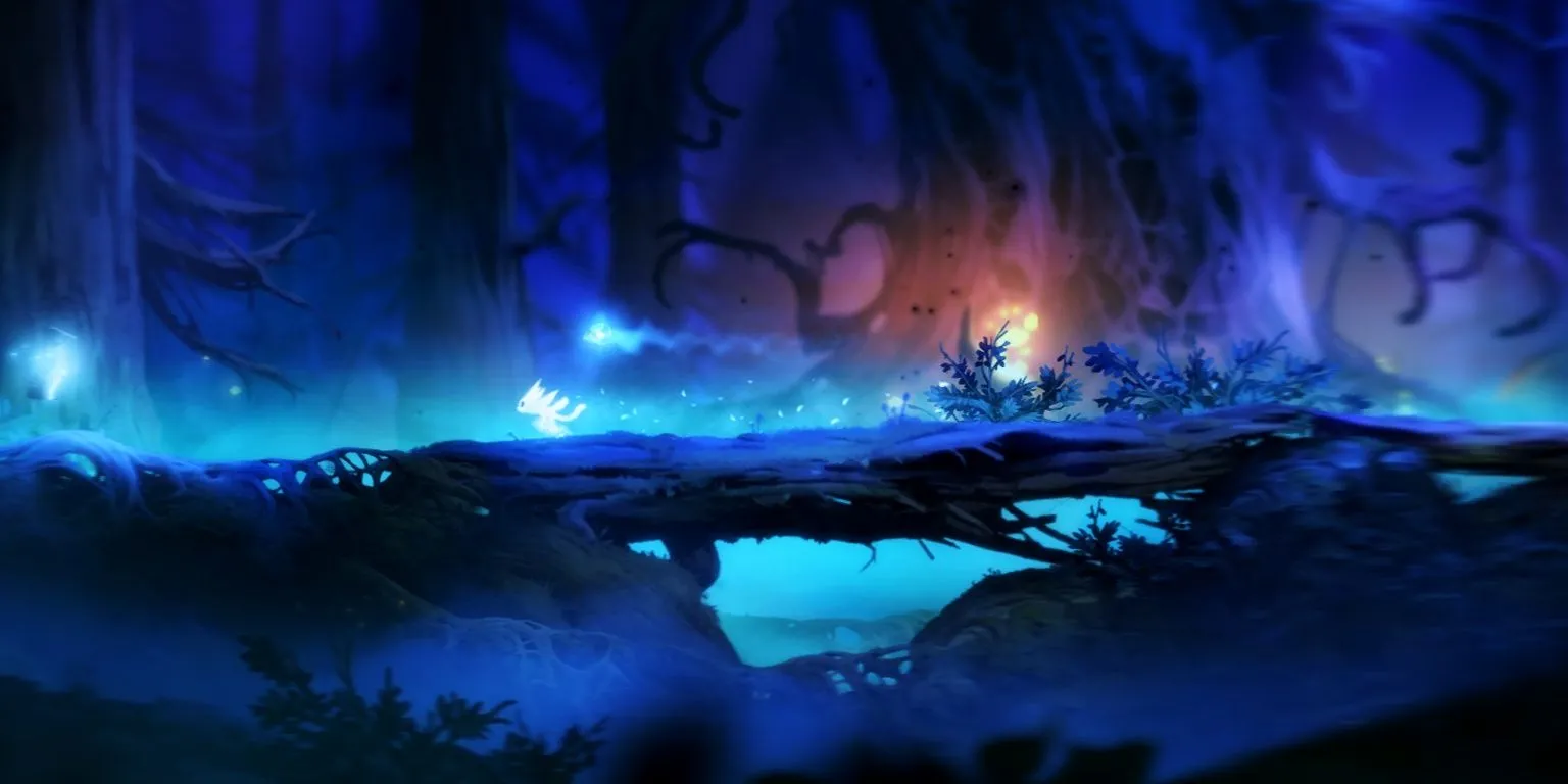 Ori, linh hồn người giám hộ nhỏ bé, đứng giữa khu rừng huyền ảo trong Ori and the Blind Forest