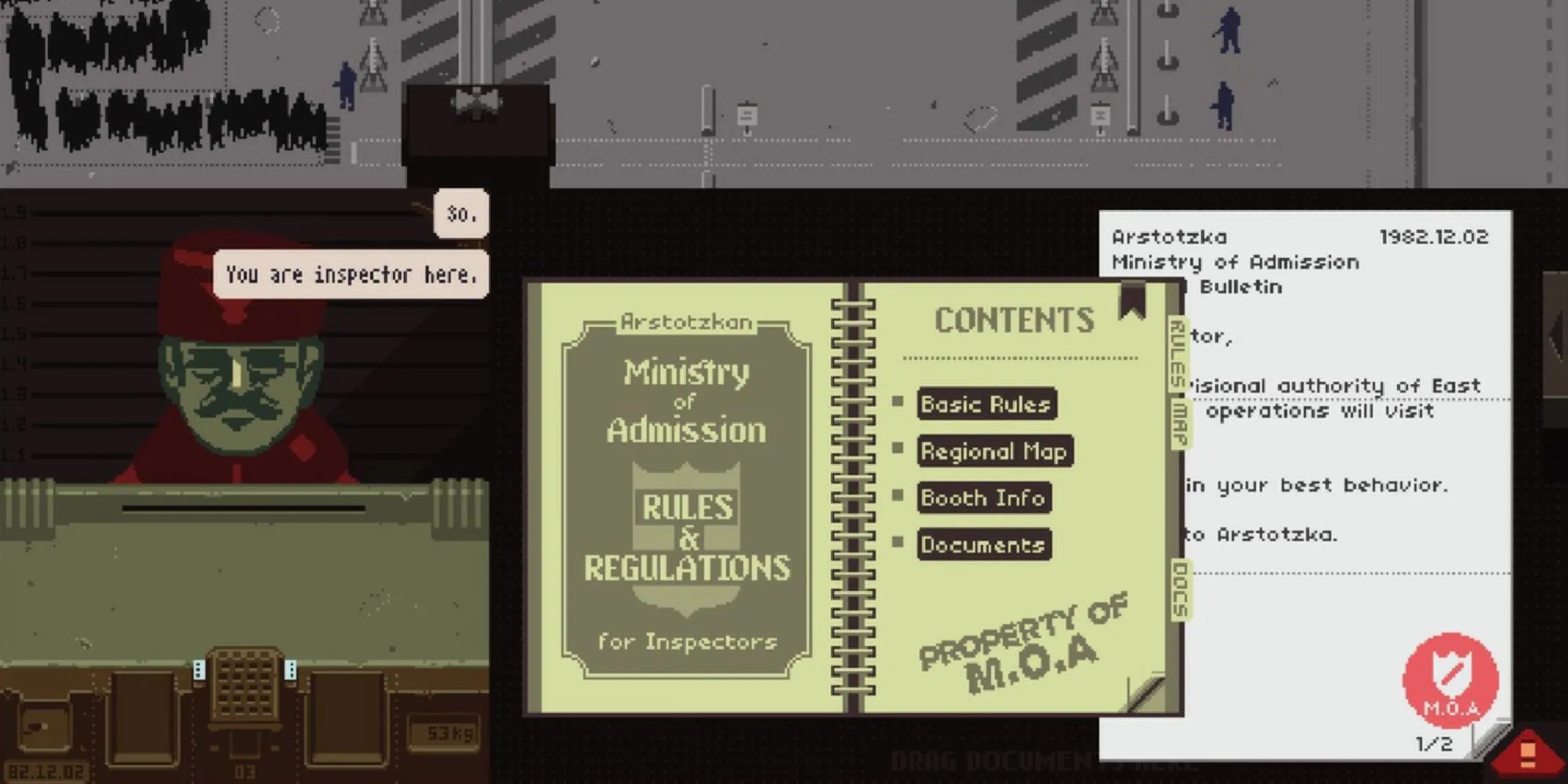 Papers Please - Người chơi đọc sách Quy tắc &amp; Quy định của Bộ Nhập cảnh