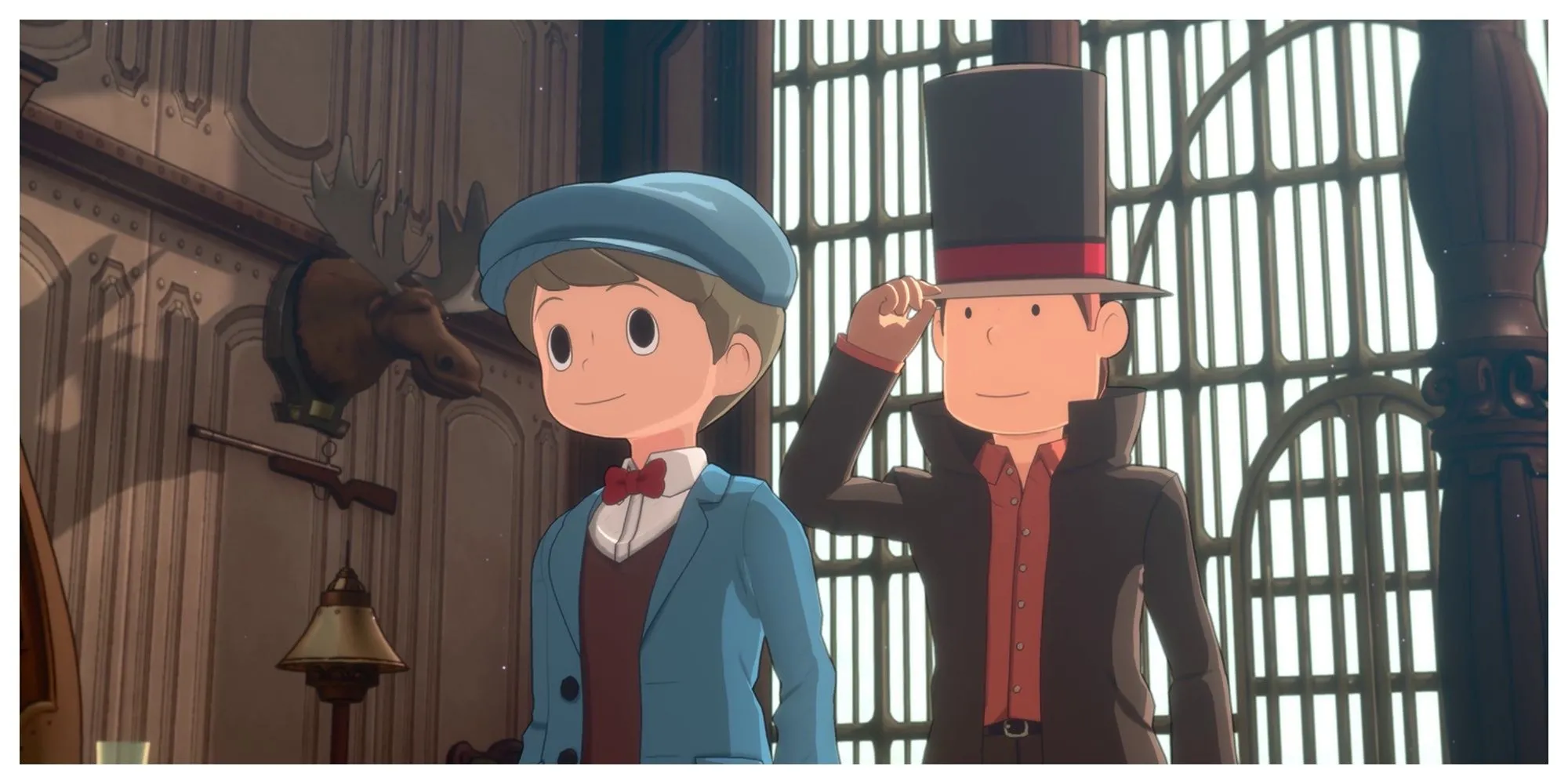 Professor Layton và Luke giải đố trong Professor Layton and the New World of Steam trên Switch 2