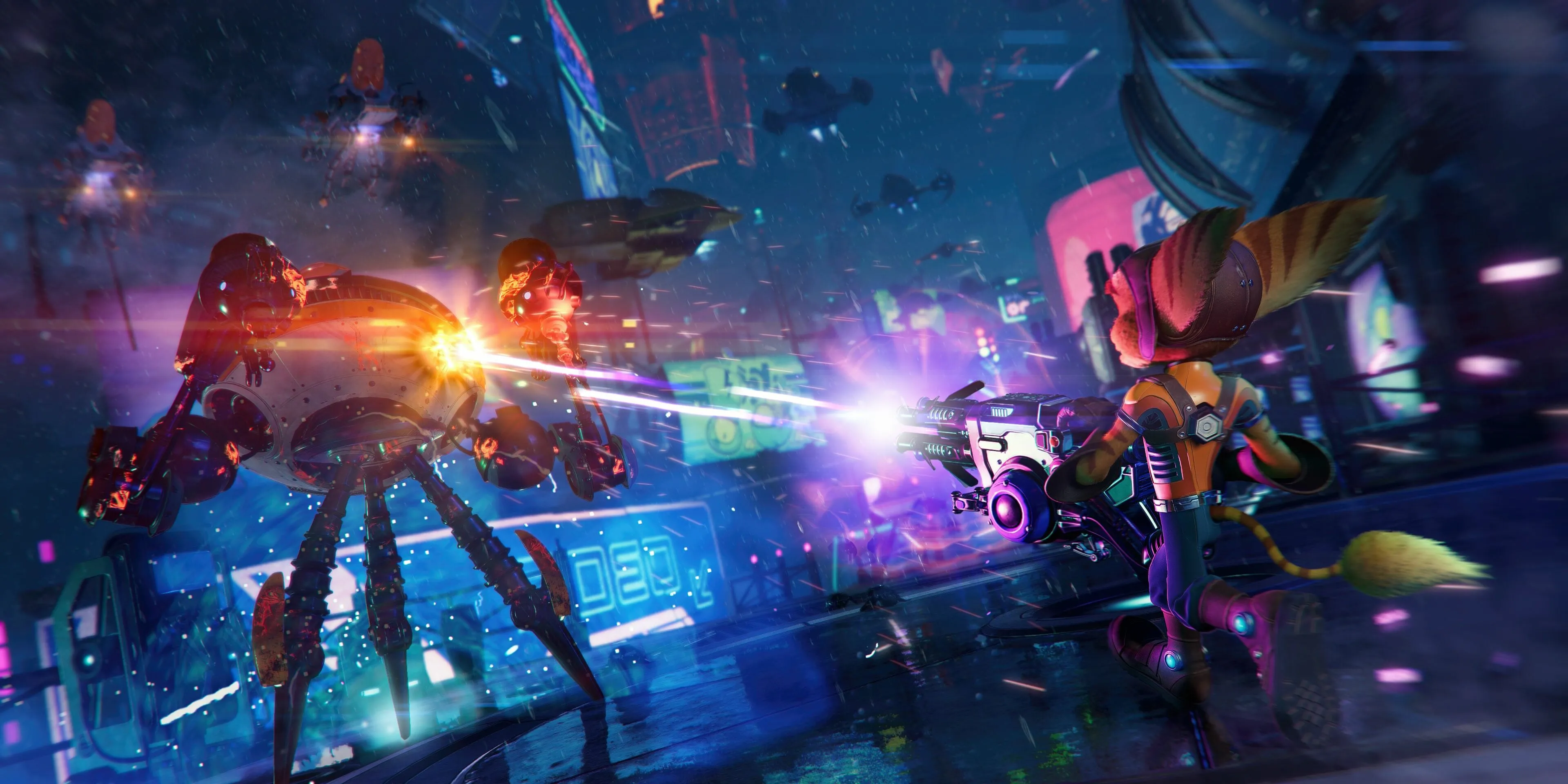 Ratchet sử dụng vũ khí bắn robot trong thế giới đa chiều của Ratchet &amp; Clank Rift Apart