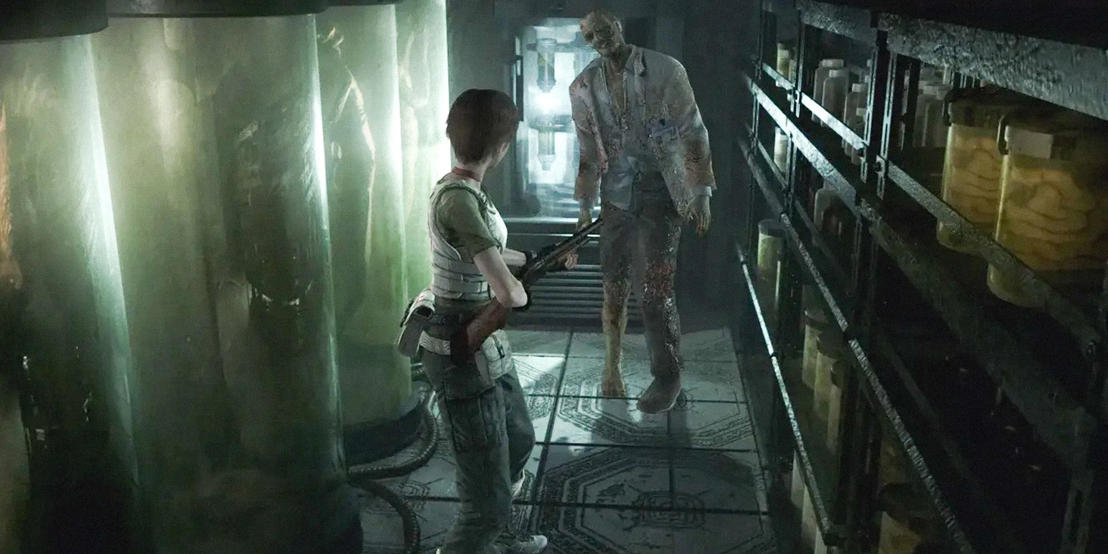 Rebecca Chambers và zombie trong phòng thí nghiệm trong Resident Evil 0