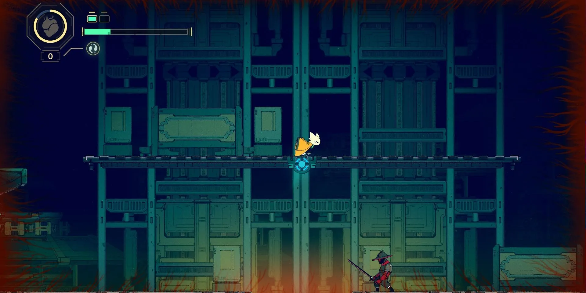 Screenshot của Nine Sols, với Yi đã sử dụng dây móc lên một platform