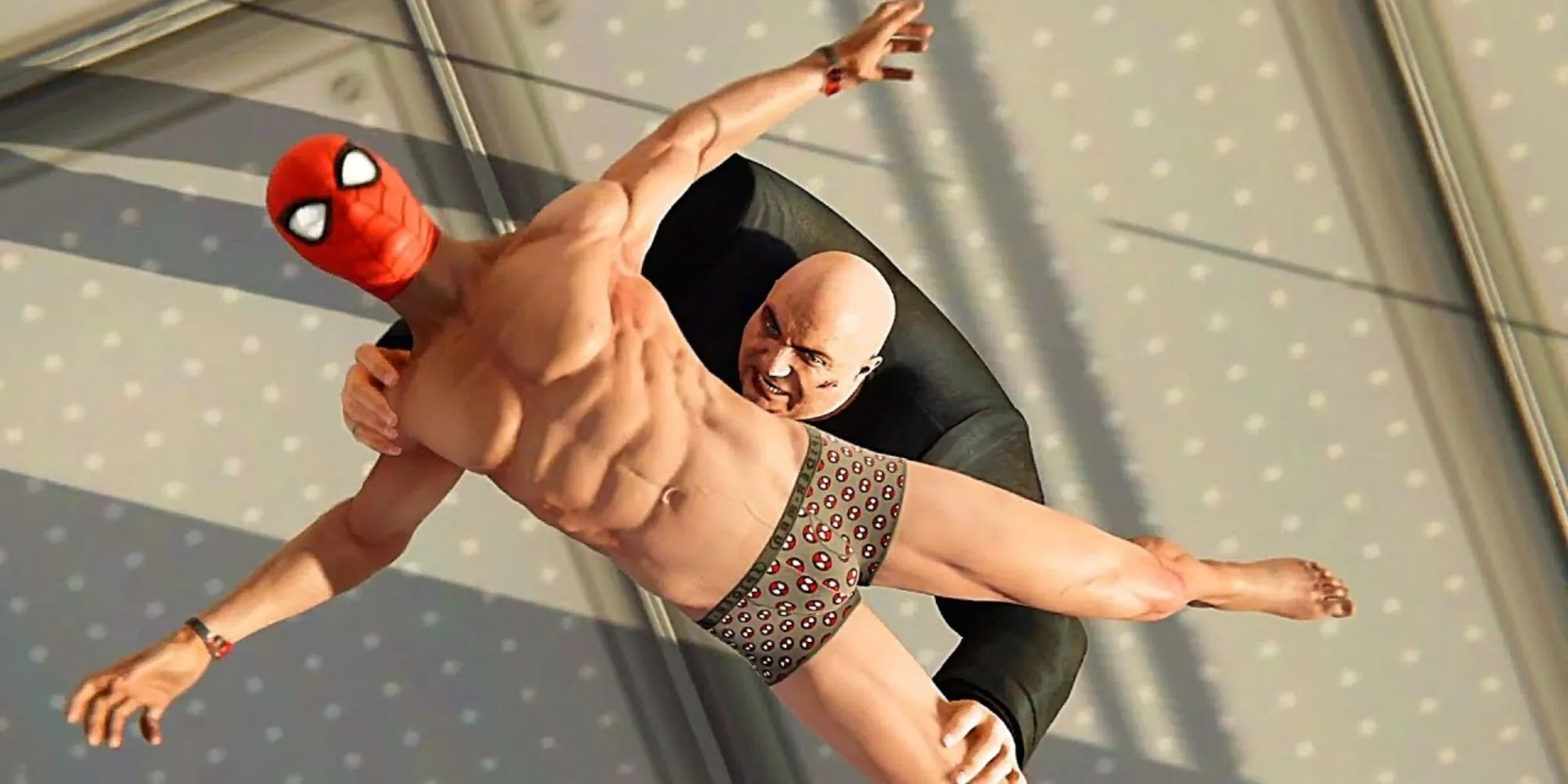 Spider-Man trong trang phục quần lót đang chiến đấu trong game Marvel's Spider-Man PS4/PS5.