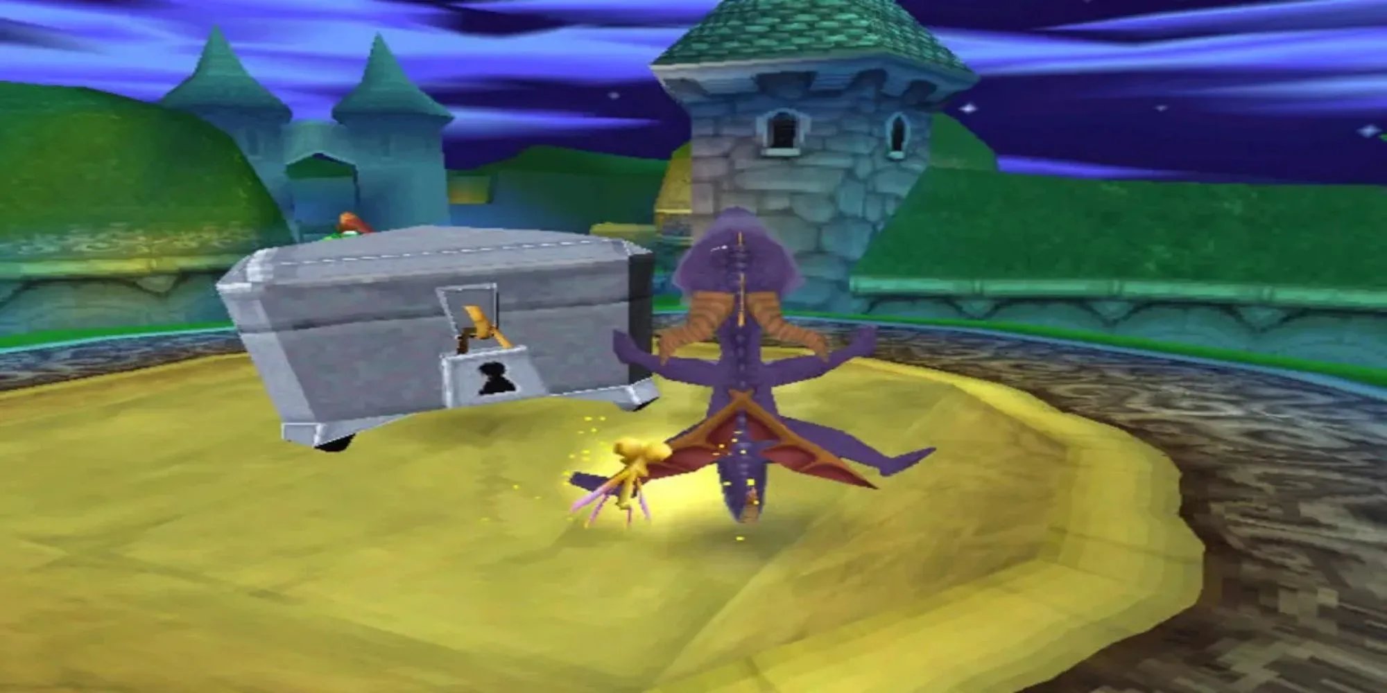 Spyro the Dragon trong màn hình chơi game trên hệ máy PS1, biểu tượng của dòng game platformer 3D dễ thương nhưng đầy thử thách.