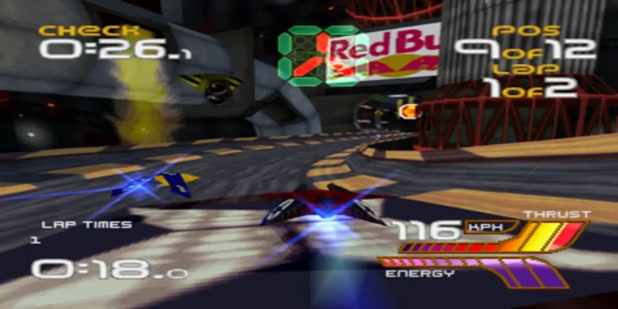 Tàu đua antigravity trong Wipeout 2097 trên PS1, biểu tượng của dòng game đua xe tương lai tốc độ cao và phong cách.