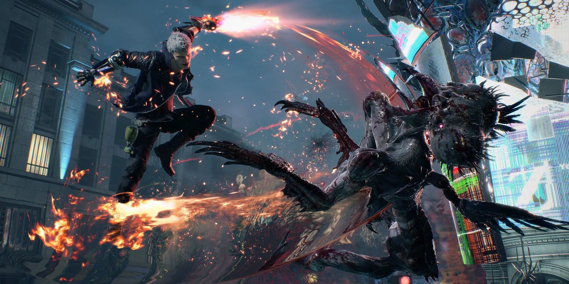 Thợ săn quỷ Nero sử dụng thanh kiếm chém hạ quỷ Empusa trong màn hành động của Devil May Cry 5