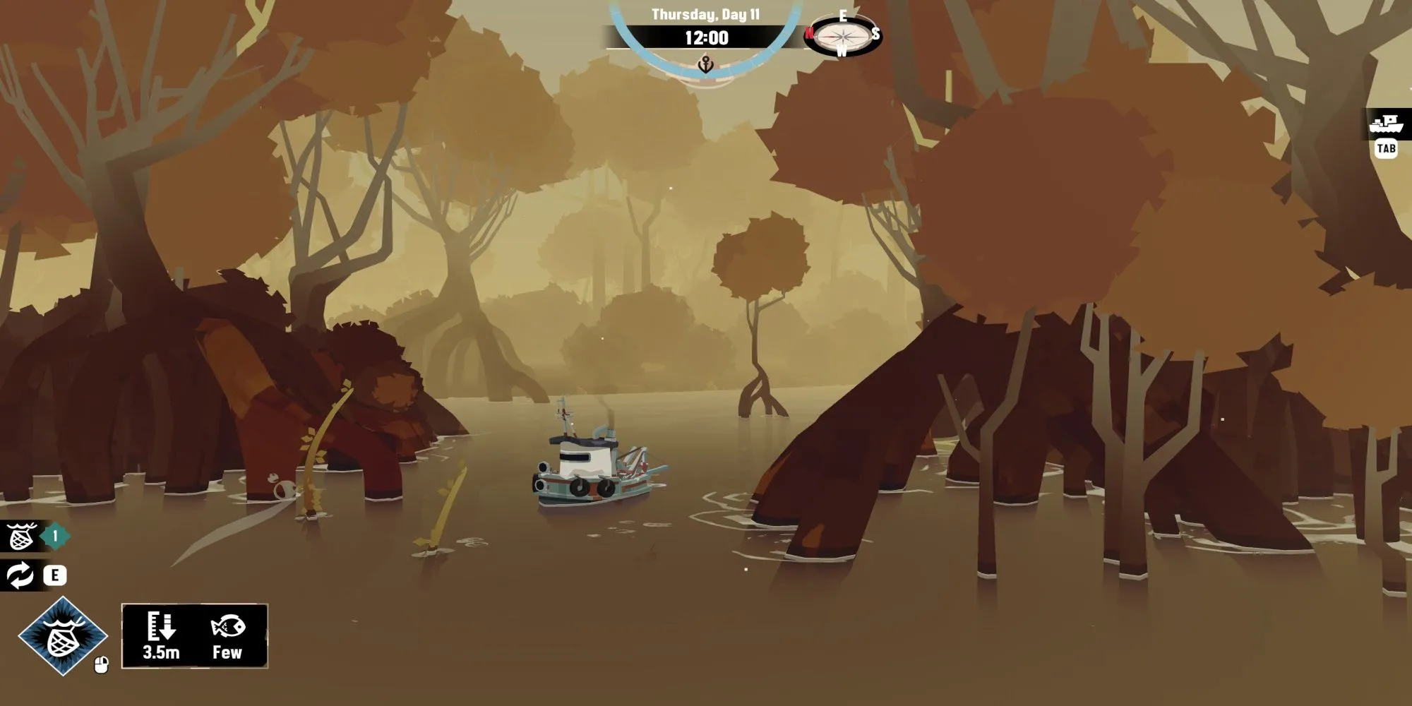 Thuyền câu cá của người chơi di chuyển trên biển trong game Dredge