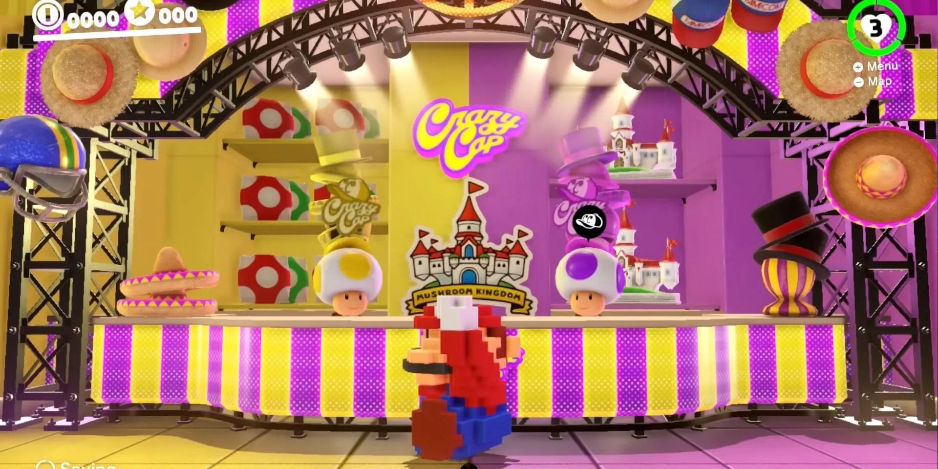 Trang phục Mario 8-Bit trong Super Mario Odyssey, giữ nguyên dáng đứng khi di chuyển.
