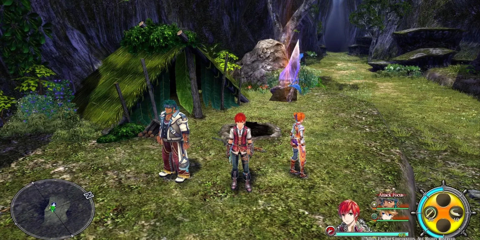 Ys VIII ba thành viên trong nhóm đứng cạnh túp lều