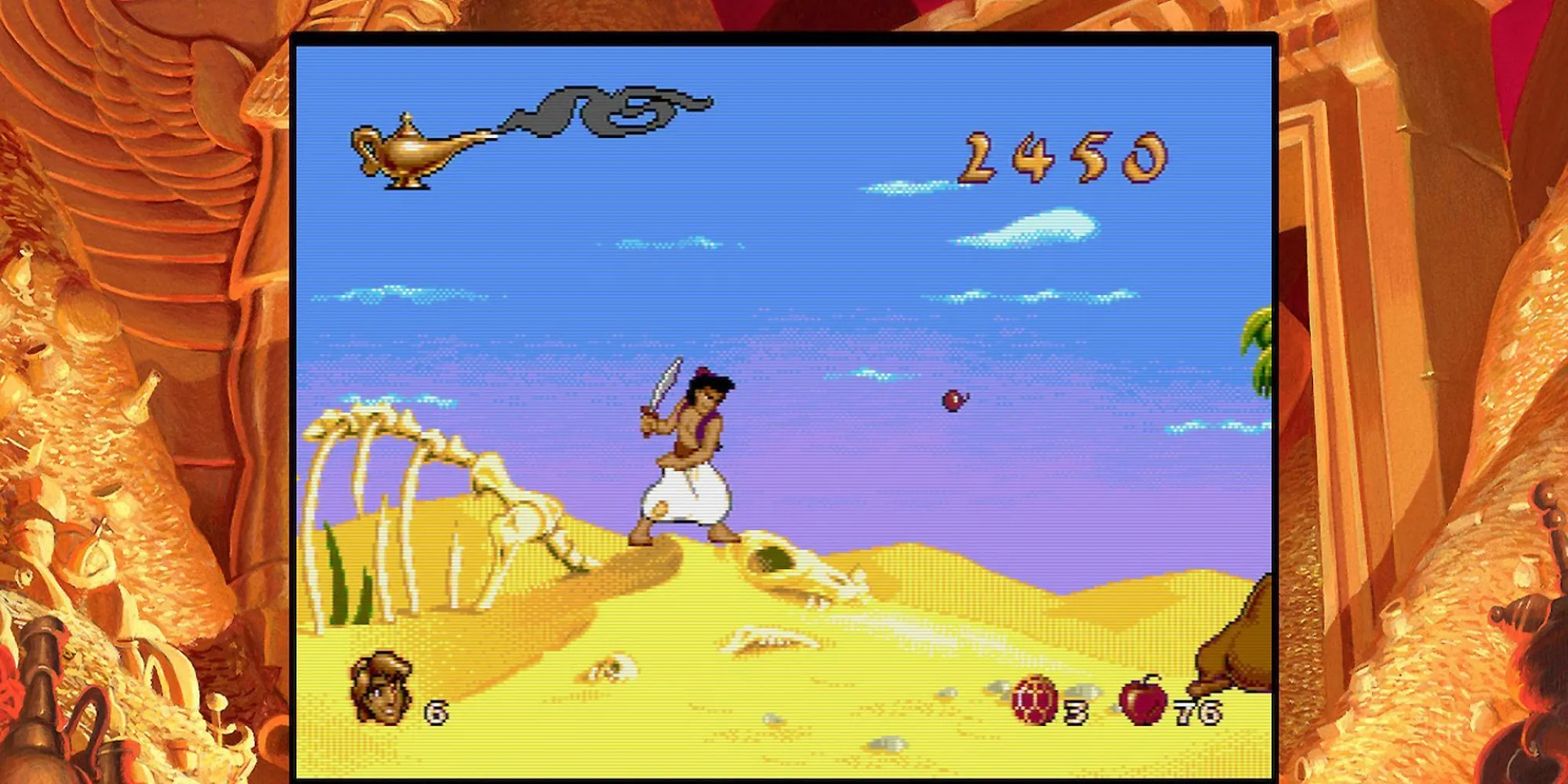 Aladdin nhảy qua các chướng ngại vật trong phiên bản Sega Genesis