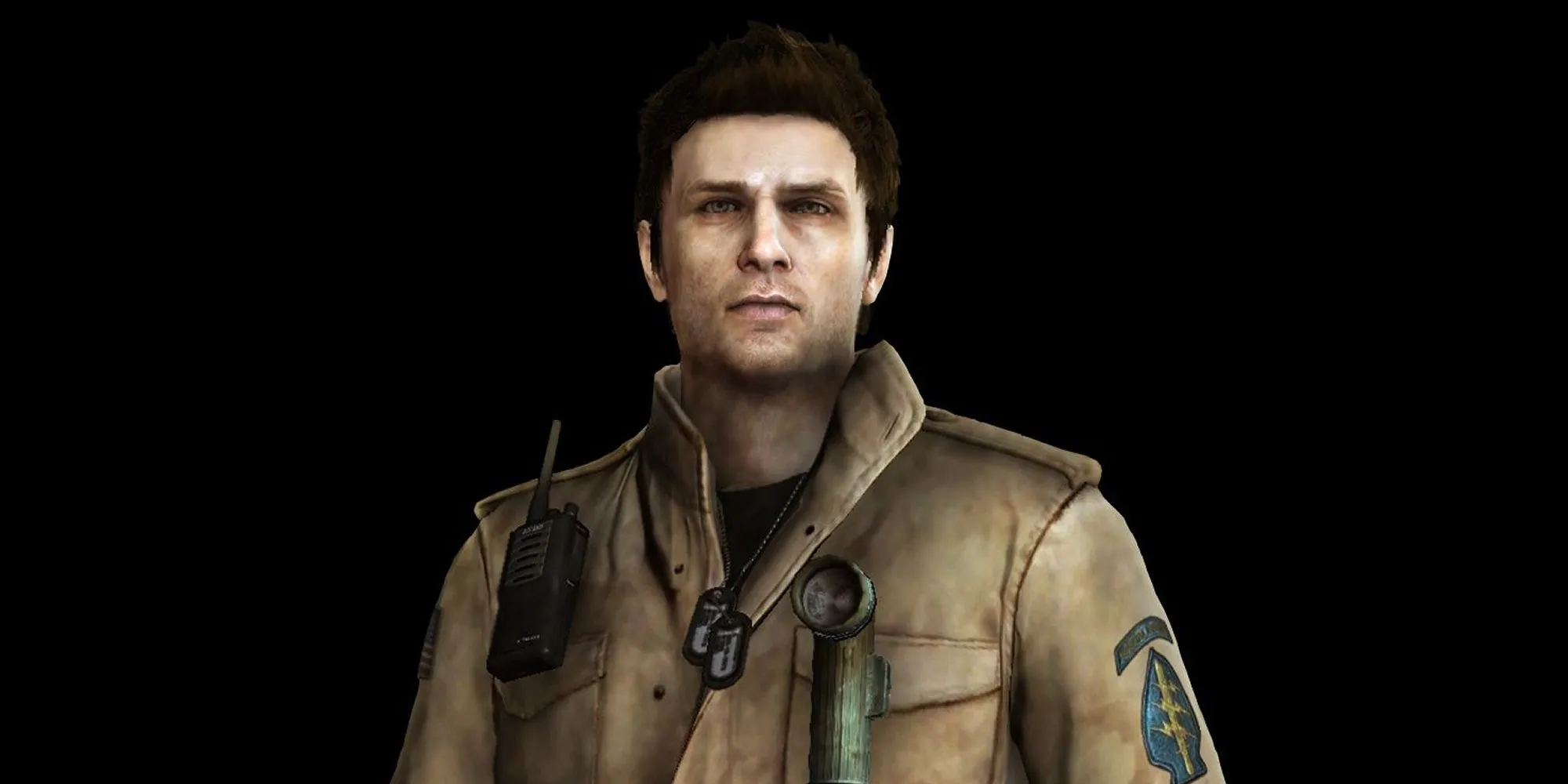 Alex Shepherd từ Silent Hill Homecoming với vẻ mặt nghiêm trọng trên nền đen.