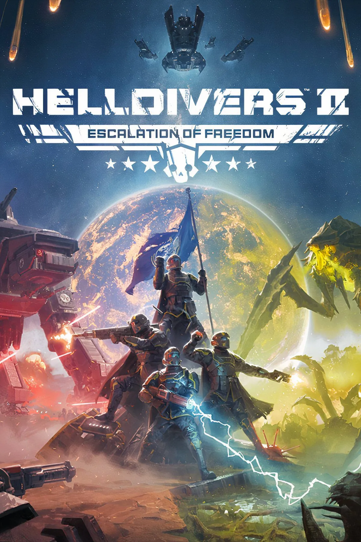 Ảnh bìa chính của game Helldivers 2, một tựa game bắn súng co-op sinh tồn nổi tiếng do PlayStation Studios phát hành.