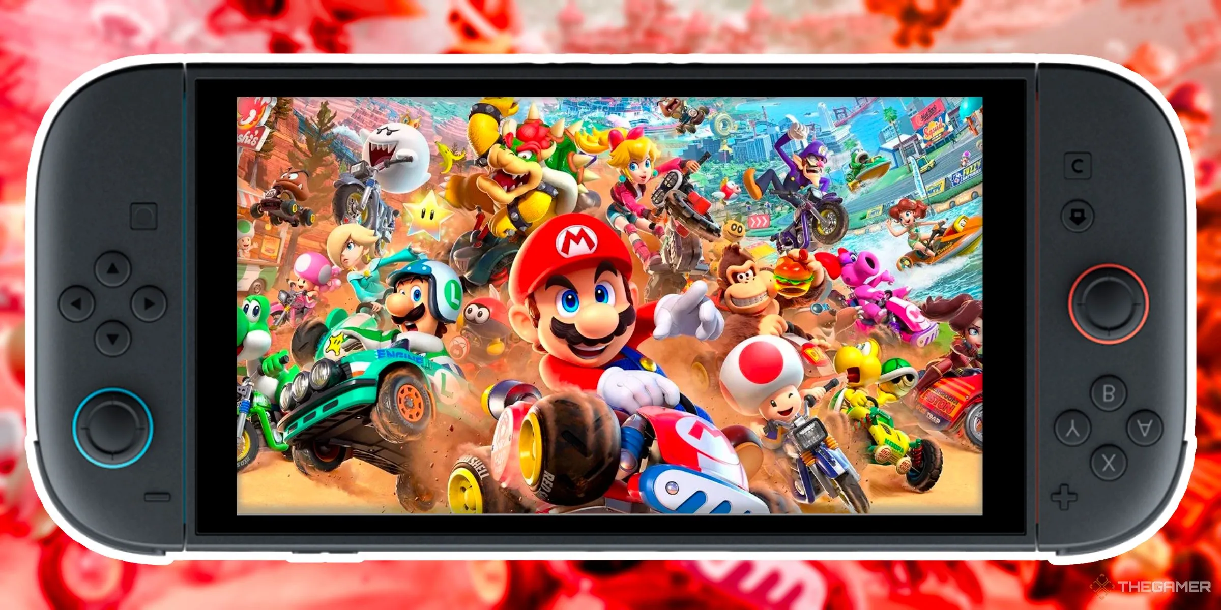 Ảnh bìa chính của game Mario Kart World được hiển thị bên trong một chiếc Nintendo Switch 2 bị lật ngược.