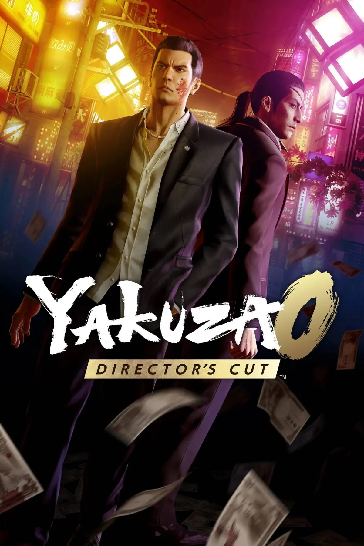 Ảnh bìa chính thức của Yakuza 0 Director's Cut, minh họa Kazuma Kiryu và Goro Majima với bối cảnh thành phố Nhật Bản.