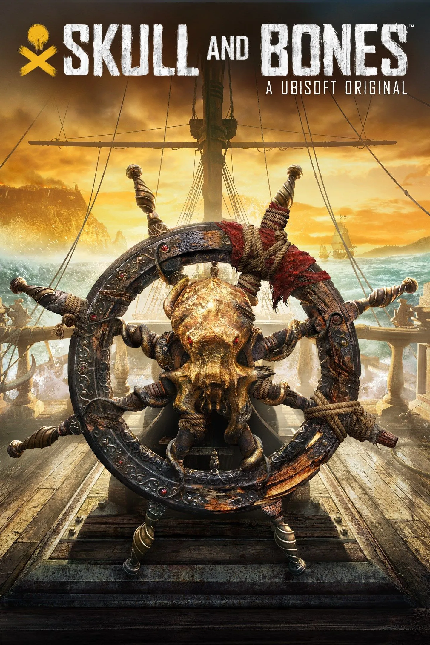 Ảnh bìa của game Skull &amp; Bones, thể hiện cuộc chiến hải tặc khốc liệt trên biển.