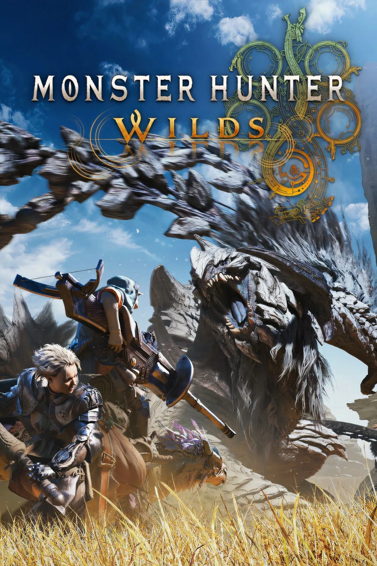 Ảnh bìa game Monster Hunter Wilds, minh họa thợ săn và quái vật trong thế giới game.