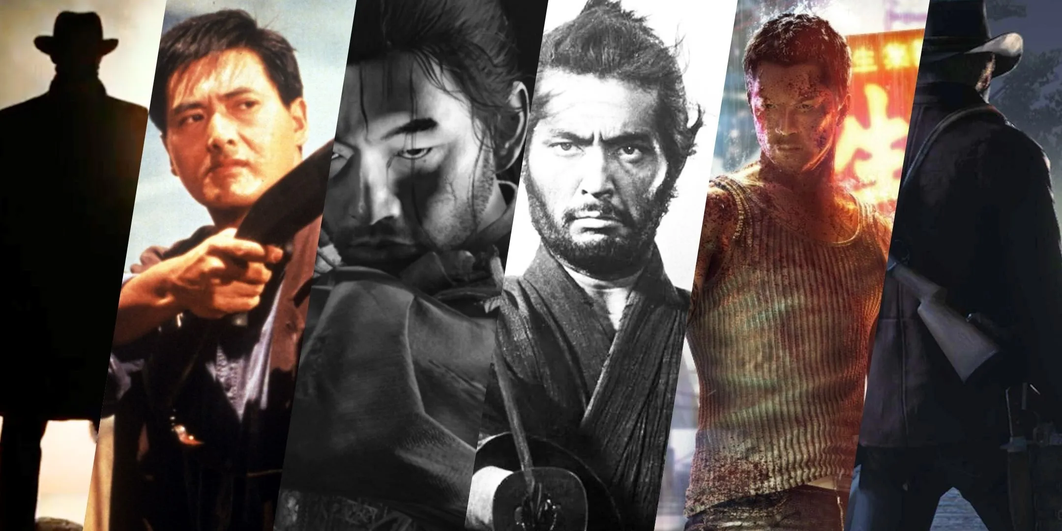 Ảnh cắt ghép minh họa sự tương đồng giữa các cảnh game như Ghost of Tsushima và Red Dead Redemption 2 với những khoảnh khắc kinh điển từ phim ảnh như Seven Samurai và The Assassination of Jesse James.