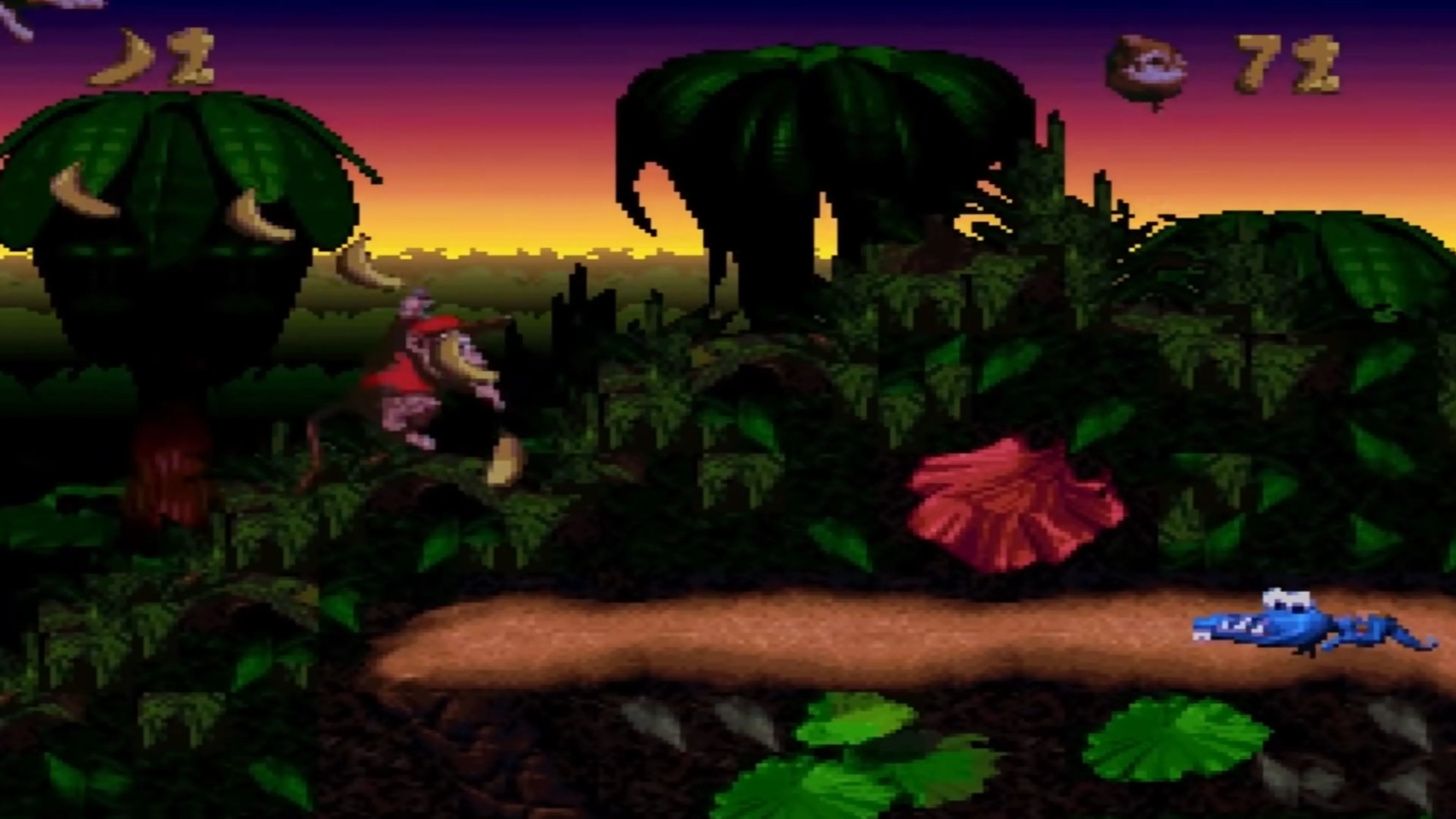 Ảnh chụp màn hình gameplay của Donkey Kong Country, cho thấy đồ họa chi tiết.