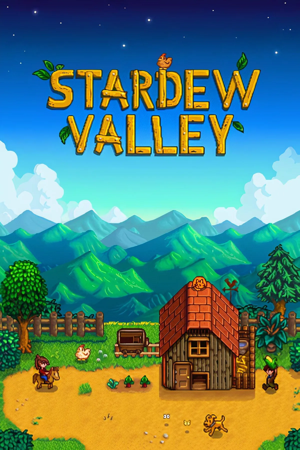 Ảnh tổng hợp thế giới Stardew Valley, thể hiện các hoạt động nông nghiệp và khám phá trong game