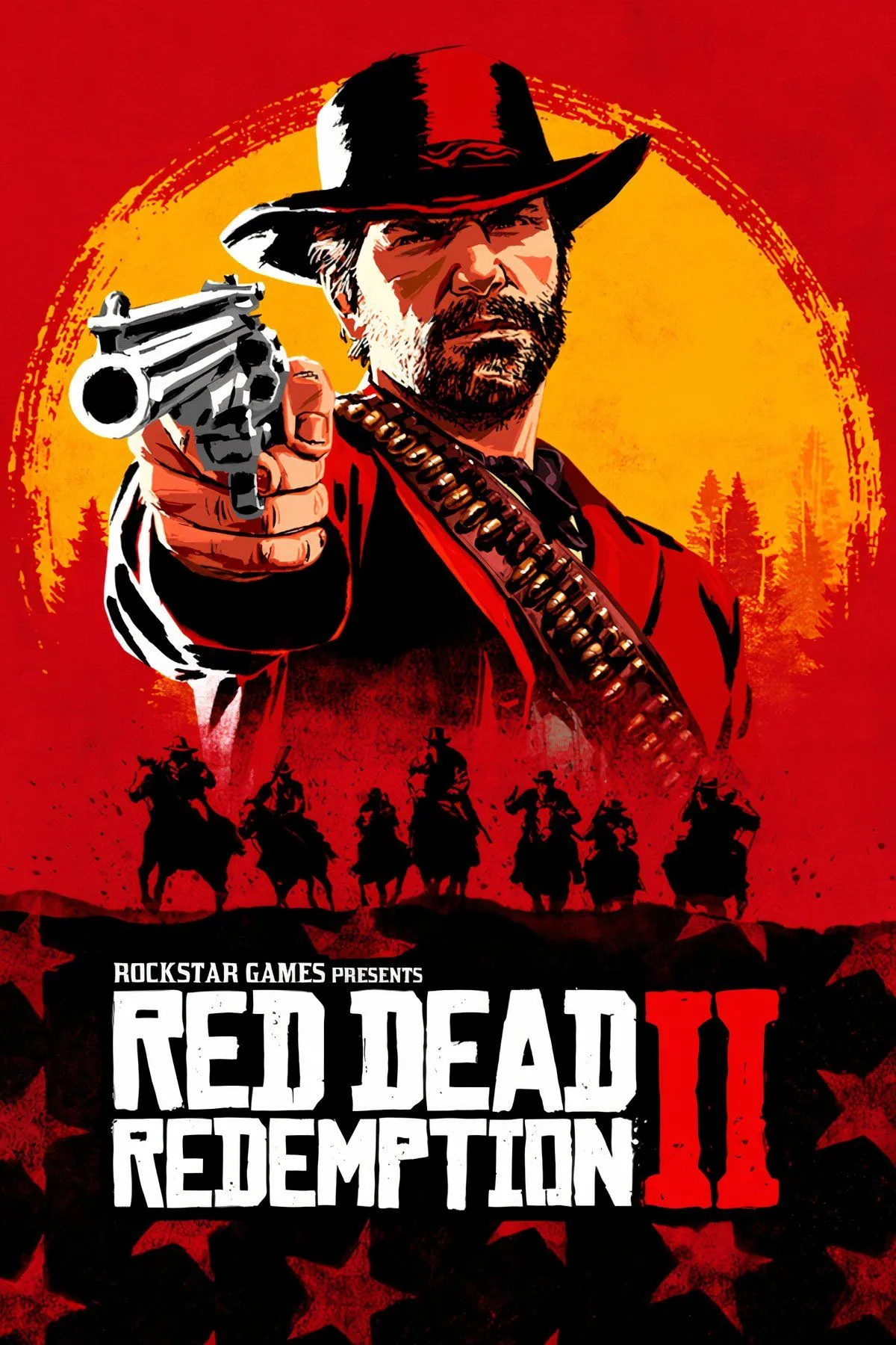 Arthur Morgan cưỡi ngựa băng qua thảo nguyên hoang dã miền Tây trong Red Dead Redemption 2, cảnh hoàng hôn.