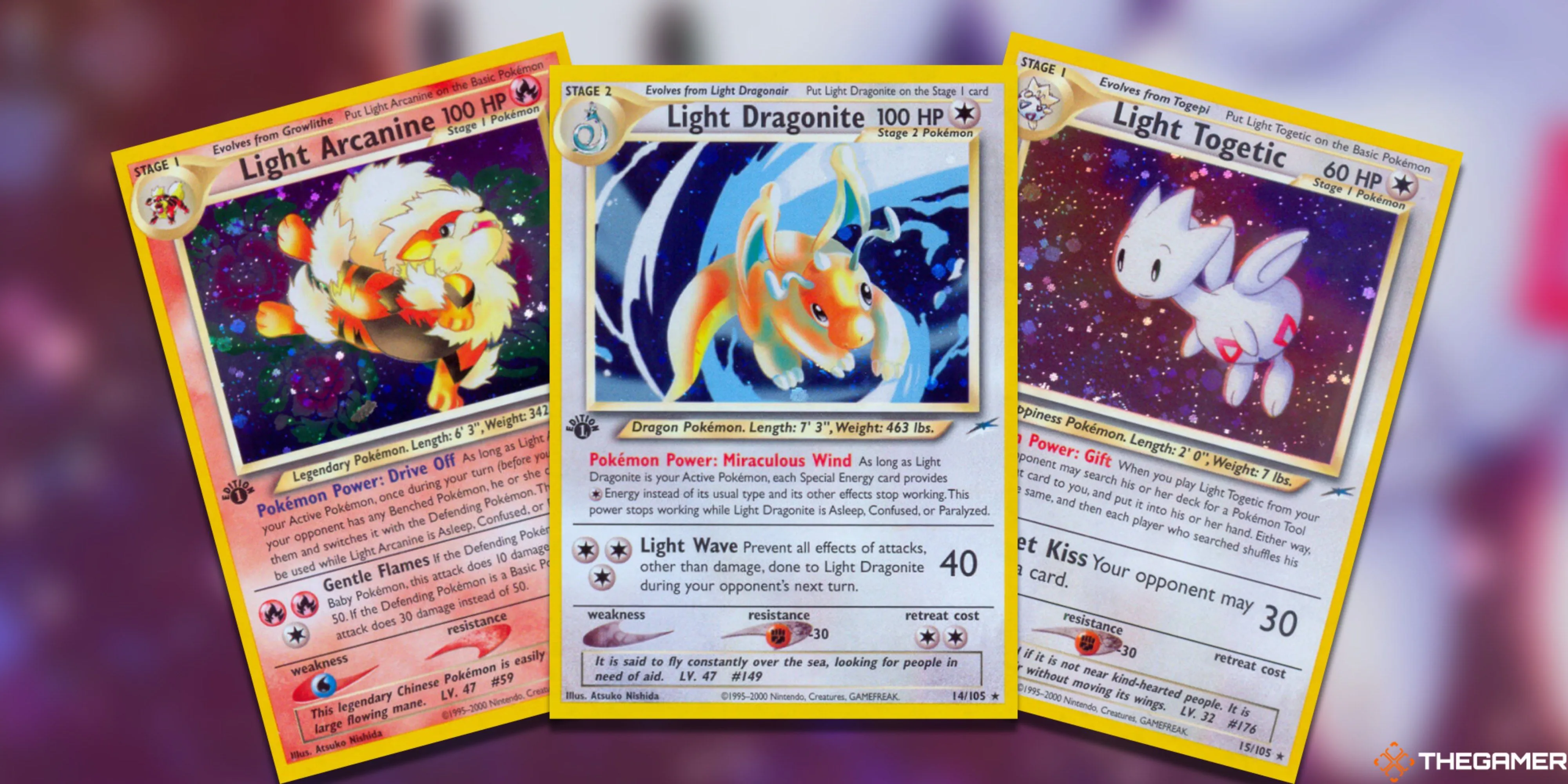 Ba lá bài Light Pokemon là Arcanine, Dragonite và Togetic từ Pokemon TCG