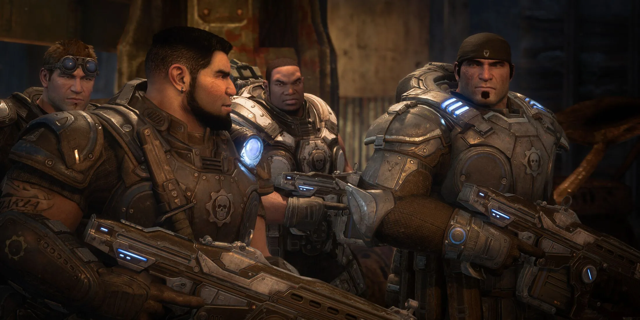 Ba nhân vật chính Marcus Fenix, Dom Santiago và Cole Train chuẩn bị chiến đấu trong Gears of War Reloaded.