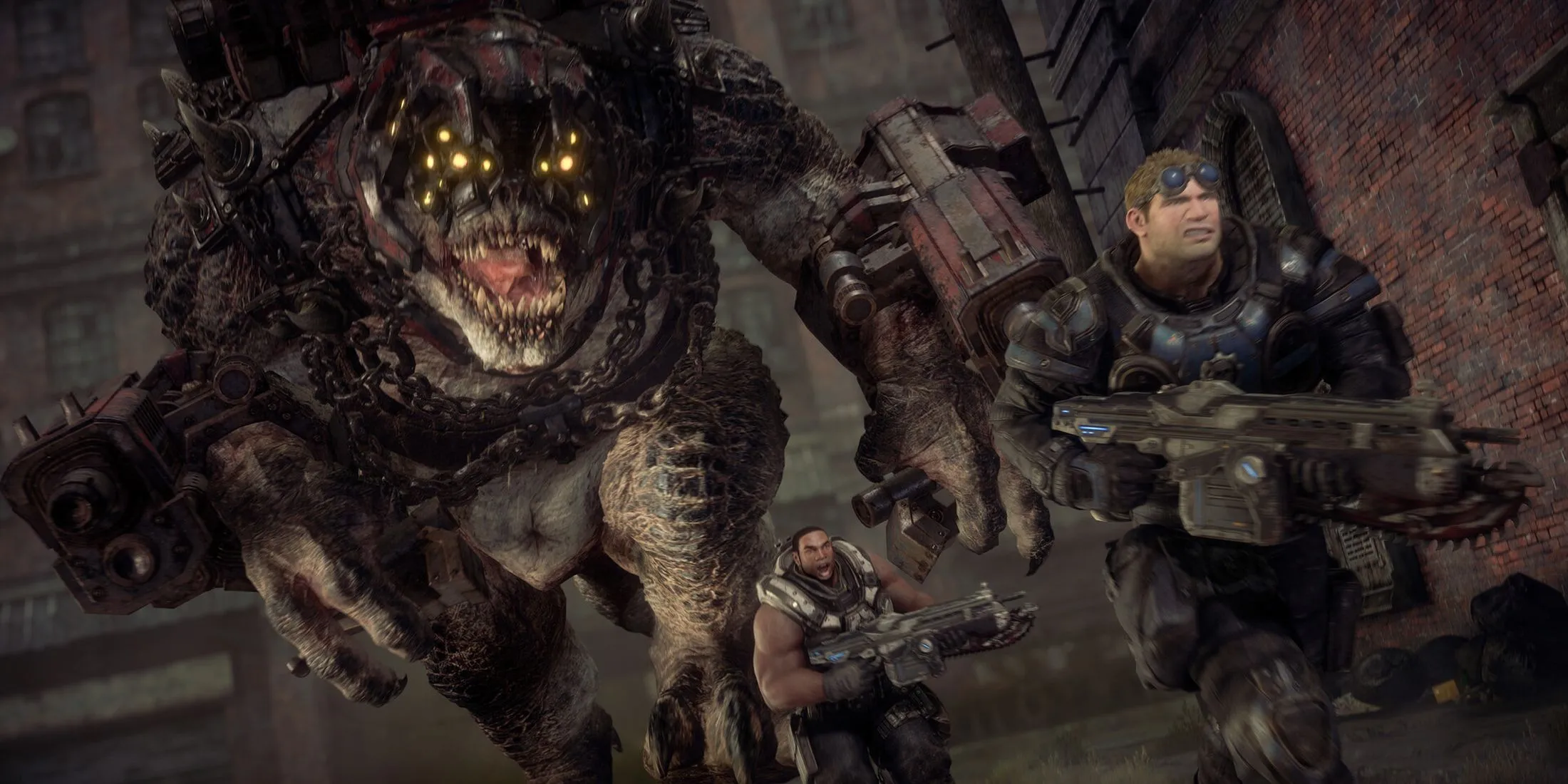 Baird và Cole Train chạy trốn khỏi một sinh vật khổng lồ, bối cảnh đầy nguy hiểm trong Gears of War Reloaded.