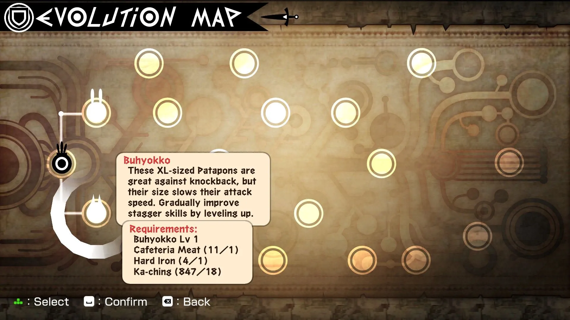 Bản đồ Evolution Map trong Patapon 2 Replay, hướng dẫn tiến hóa Rarepons cho đội quân