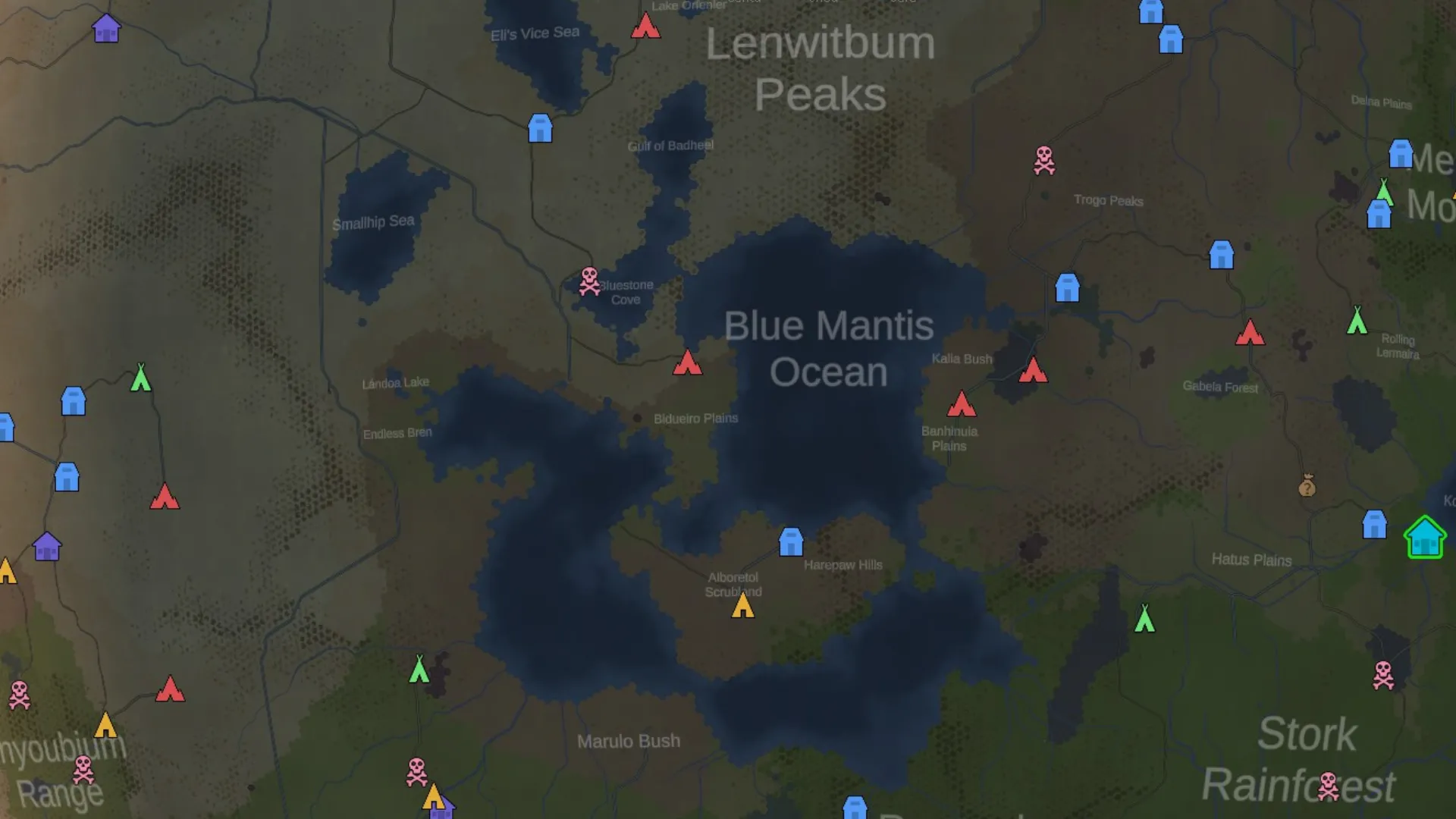 Bản đồ thế giới trong RimWorld Odyssey hiển thị các khu vực nước tiềm năng để thiết lập Fishing Zone