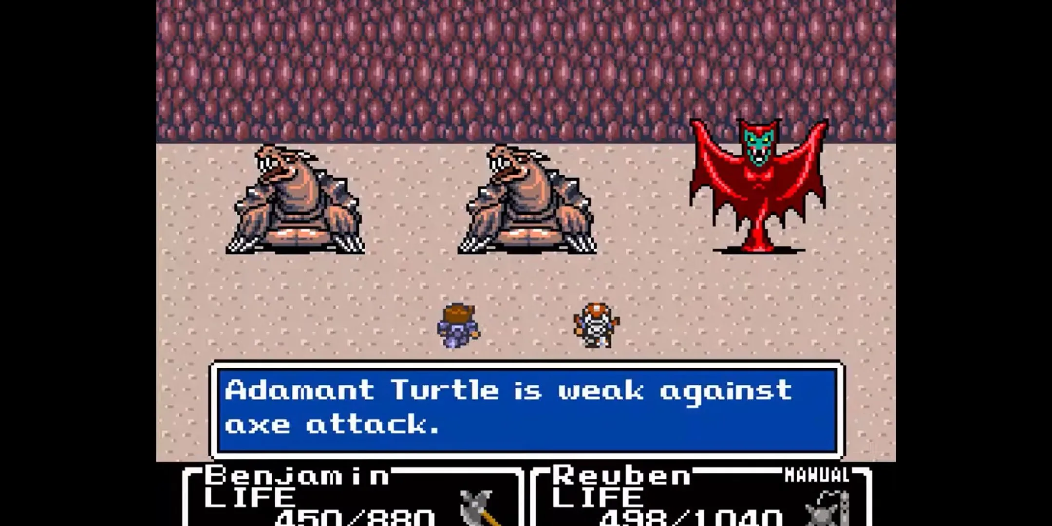 Benjamin và Reuban chiến đấu với 3 quái vật trong Final Fantasy Mystic Quest