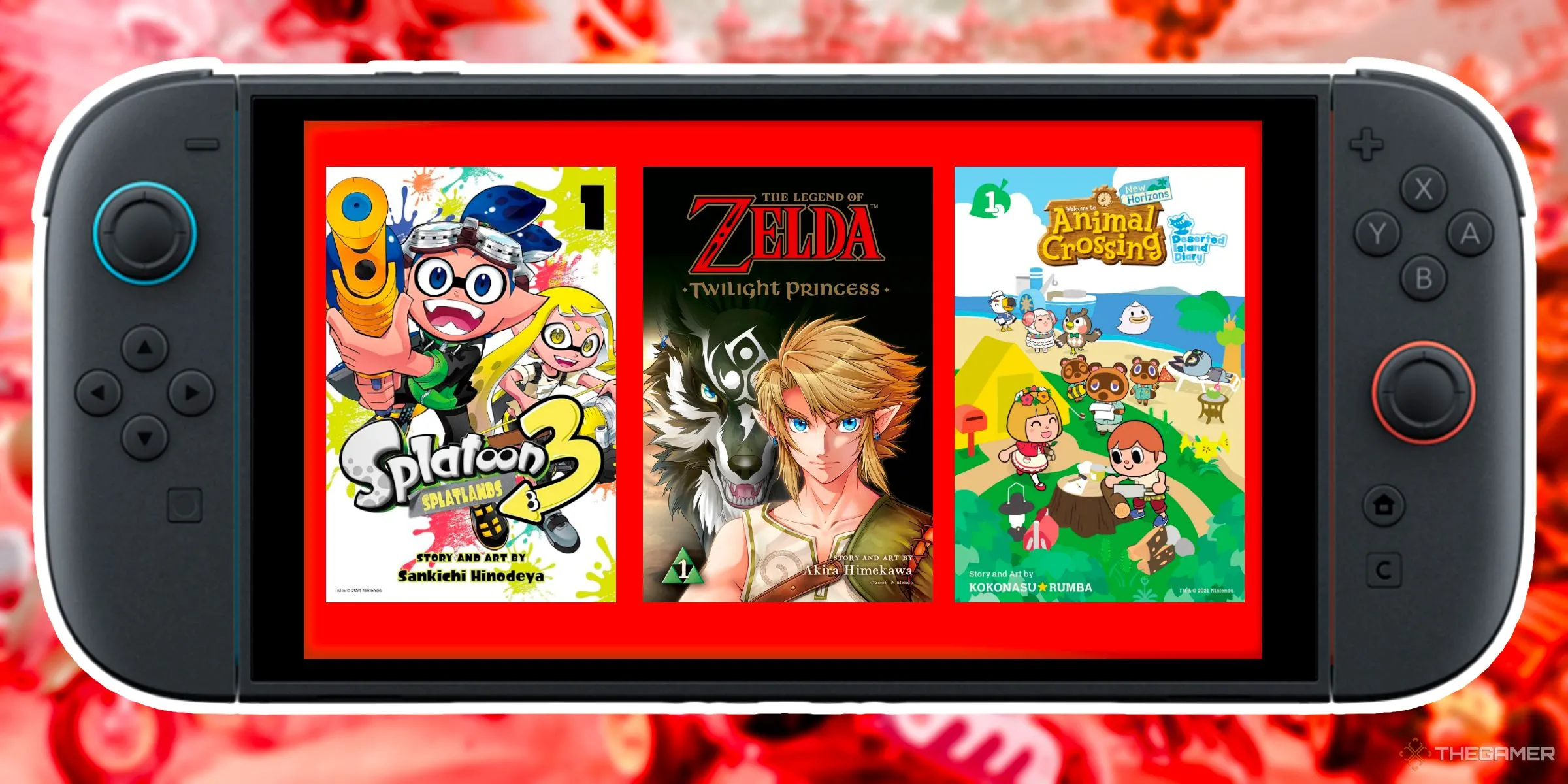 Bìa các tập manga Splatoon 3, The Legend of Zelda Twilight Princess và Animal Crossing New Horizons hiển thị bên trong màn hình Nintendo Switch 2.