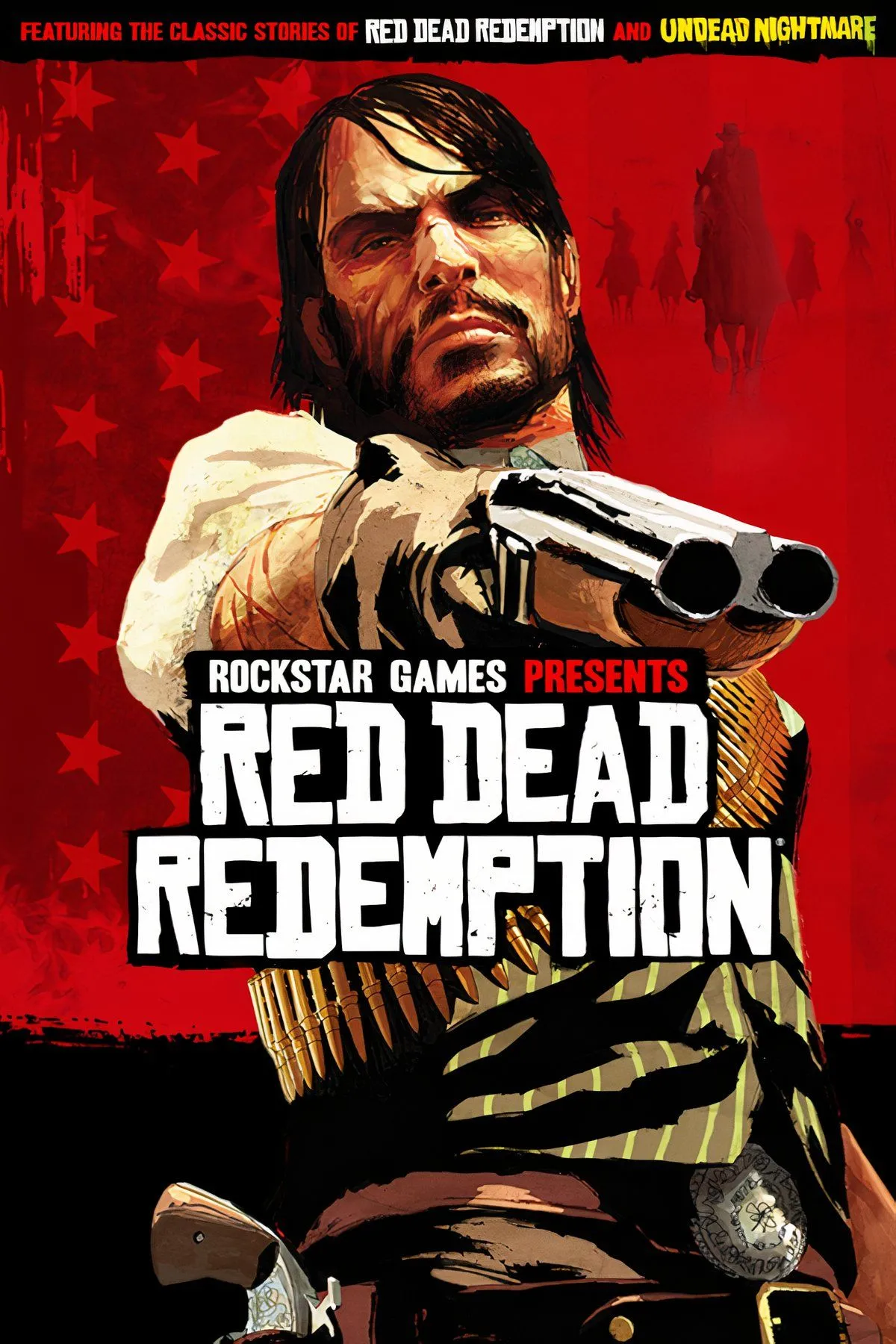 Bìa game Red Dead Redemption với cao bồi John Marston trên lưng ngựa.