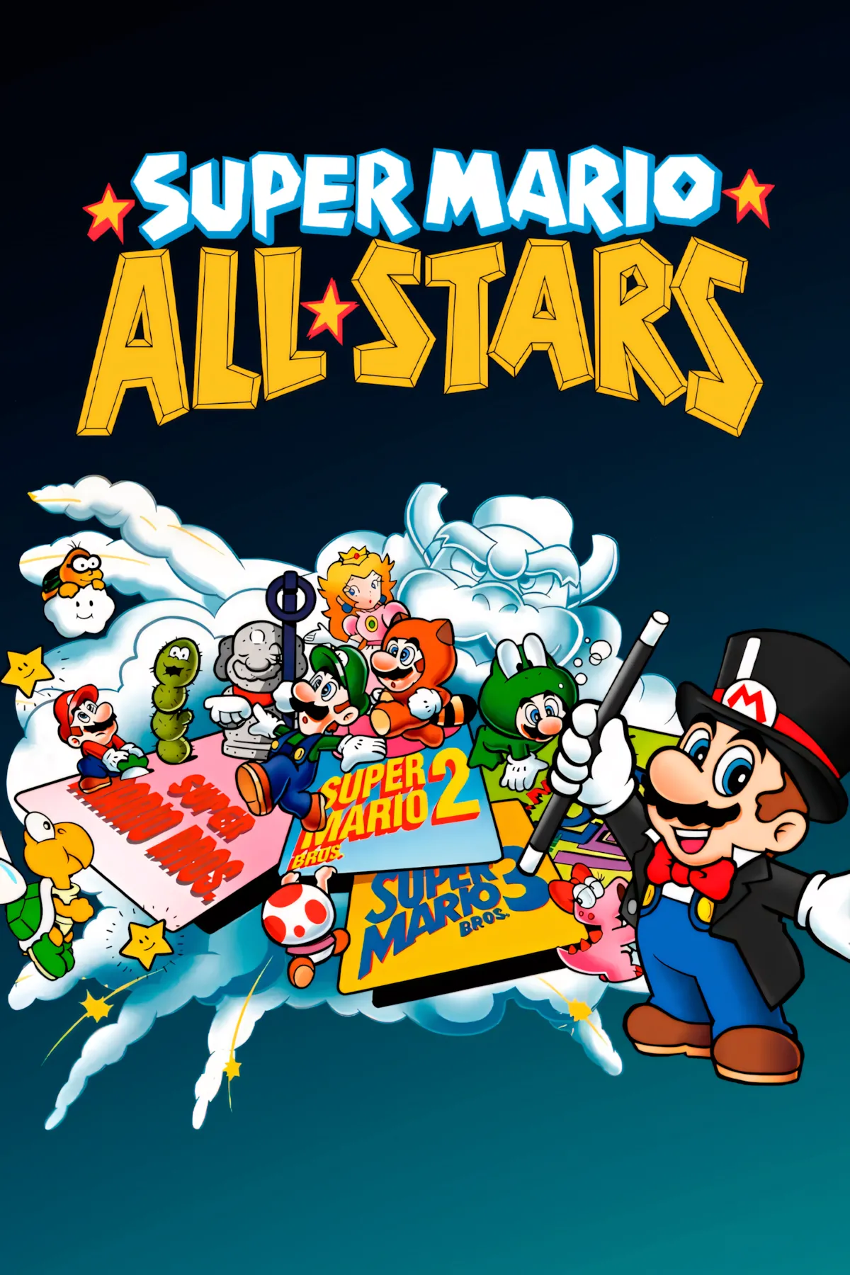 Bìa game Super Mario All-Stars, bộ sưu tập remake của các tựa Mario kinh điển trên SNES.