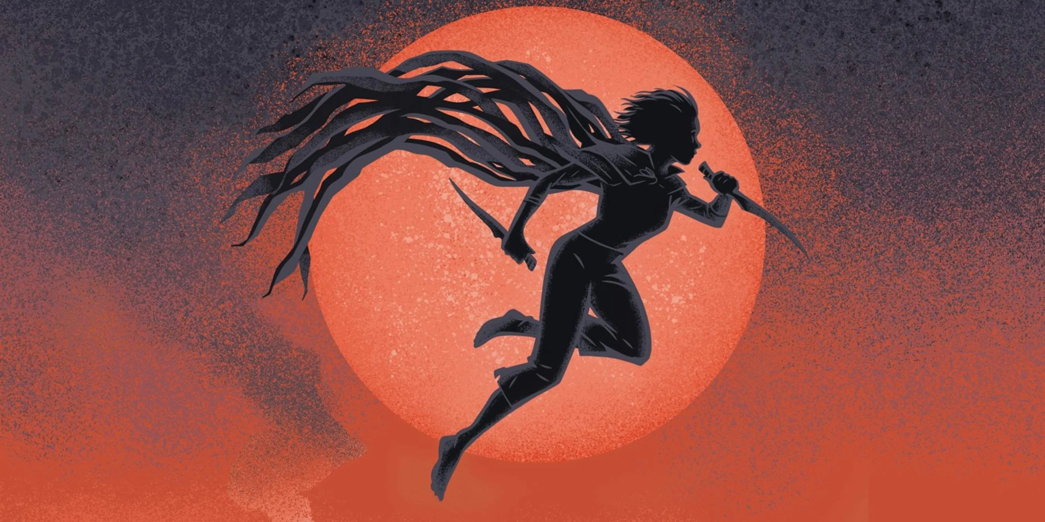 Bìa sách Mistborn với Vin đang bay phía trước mặt trời đỏ