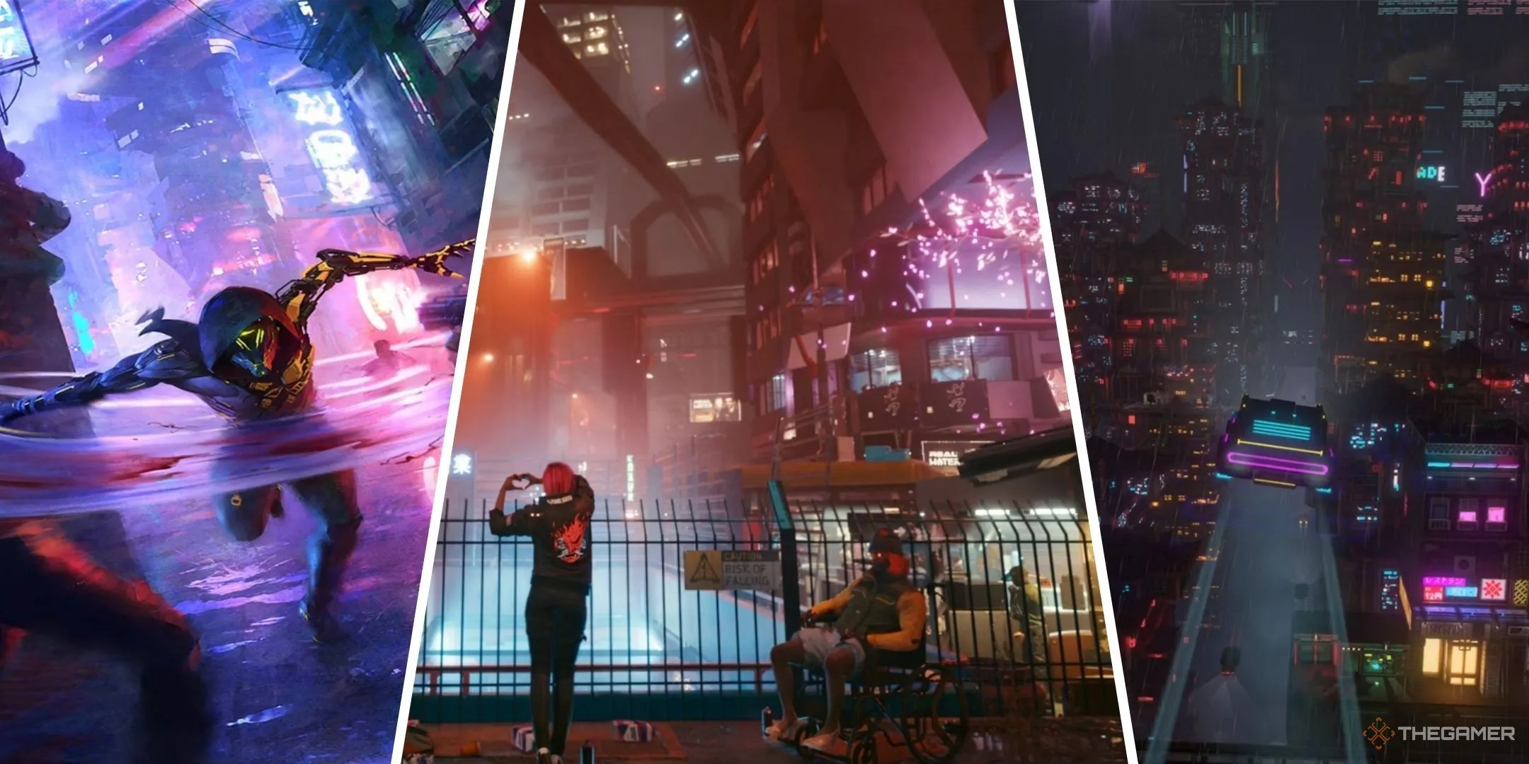 Bộ ba hình ảnh đại diện cho các tựa game cyberpunk hàng đầu: Ghostrunner với hành động tốc độ cao, Cyberpunk 2077 với biểu tượng trái tim V, và Cloudpunk với xe bay HOVA trên bầu trời Nivalis.