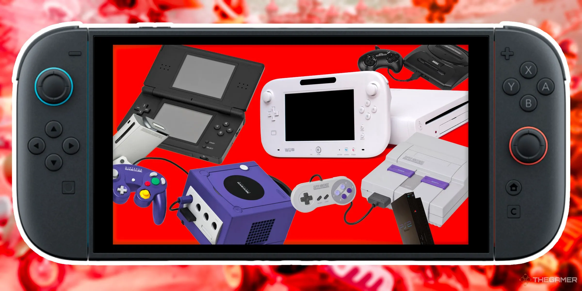 Bộ sưu tập các hệ máy chơi game retro như Nintendo Wii U, DS, GameCube, SNES, Sega Genesis, PS2 và Xbox 360 được hiển thị bên trong màn hình Nintendo Switch 2.
