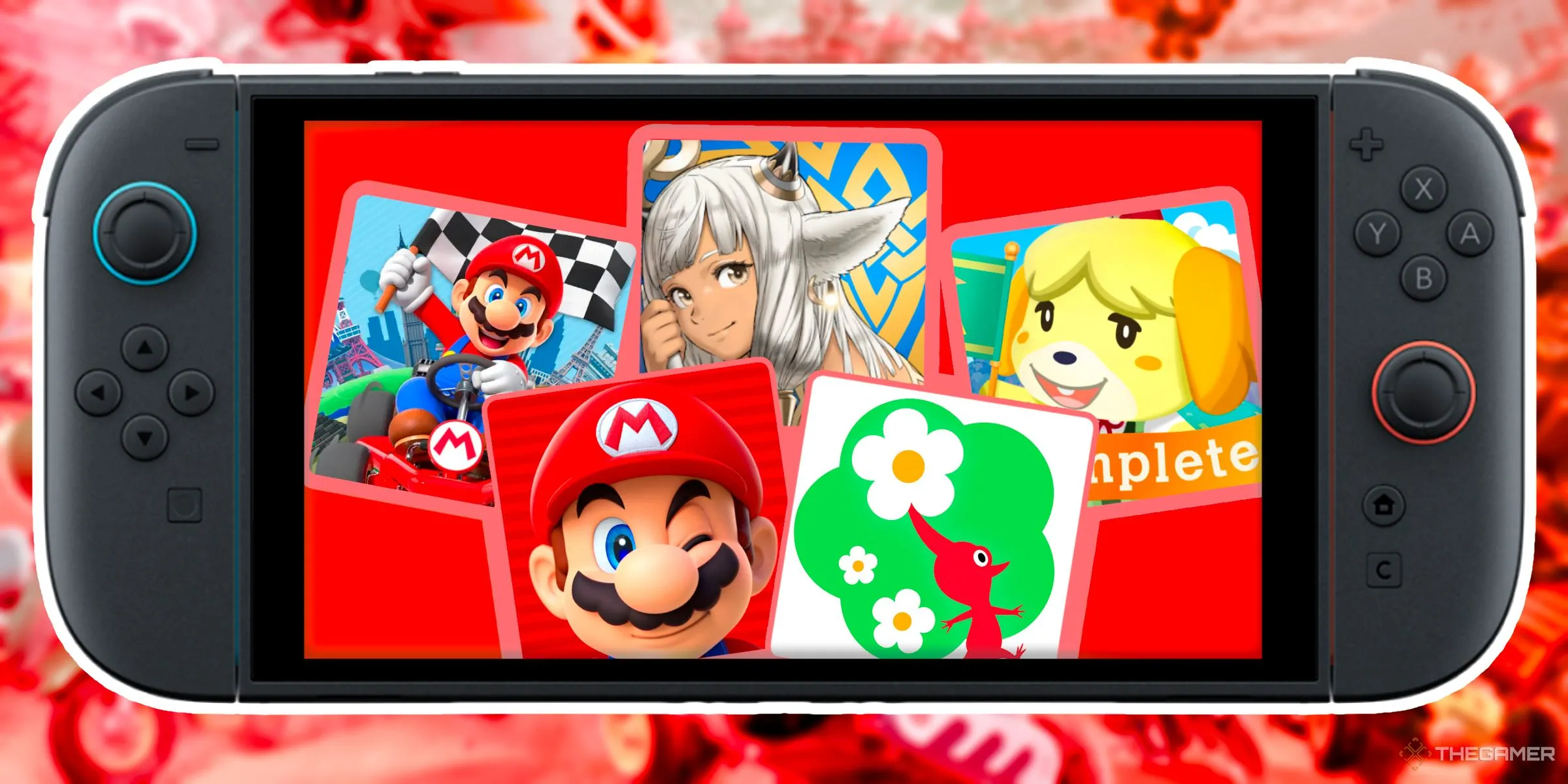 Bộ sưu tập các tựa game di động của Nintendo gồm Mario Kart Tour, Super Mario Run, Fire Emblem Heroes, Pikmin Bloom và Animal Crossing Pocket Camp, hiển thị bên trong màn hình Nintendo Switch 2.