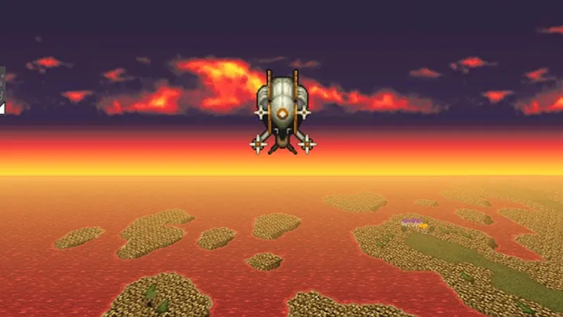 Bối cảnh World of Ruin trong Final Fantasy 6, nơi phi thuyền Falcon huyền thoại giúp nhóm anh hùng di chuyển và tìm kiếm tự do.