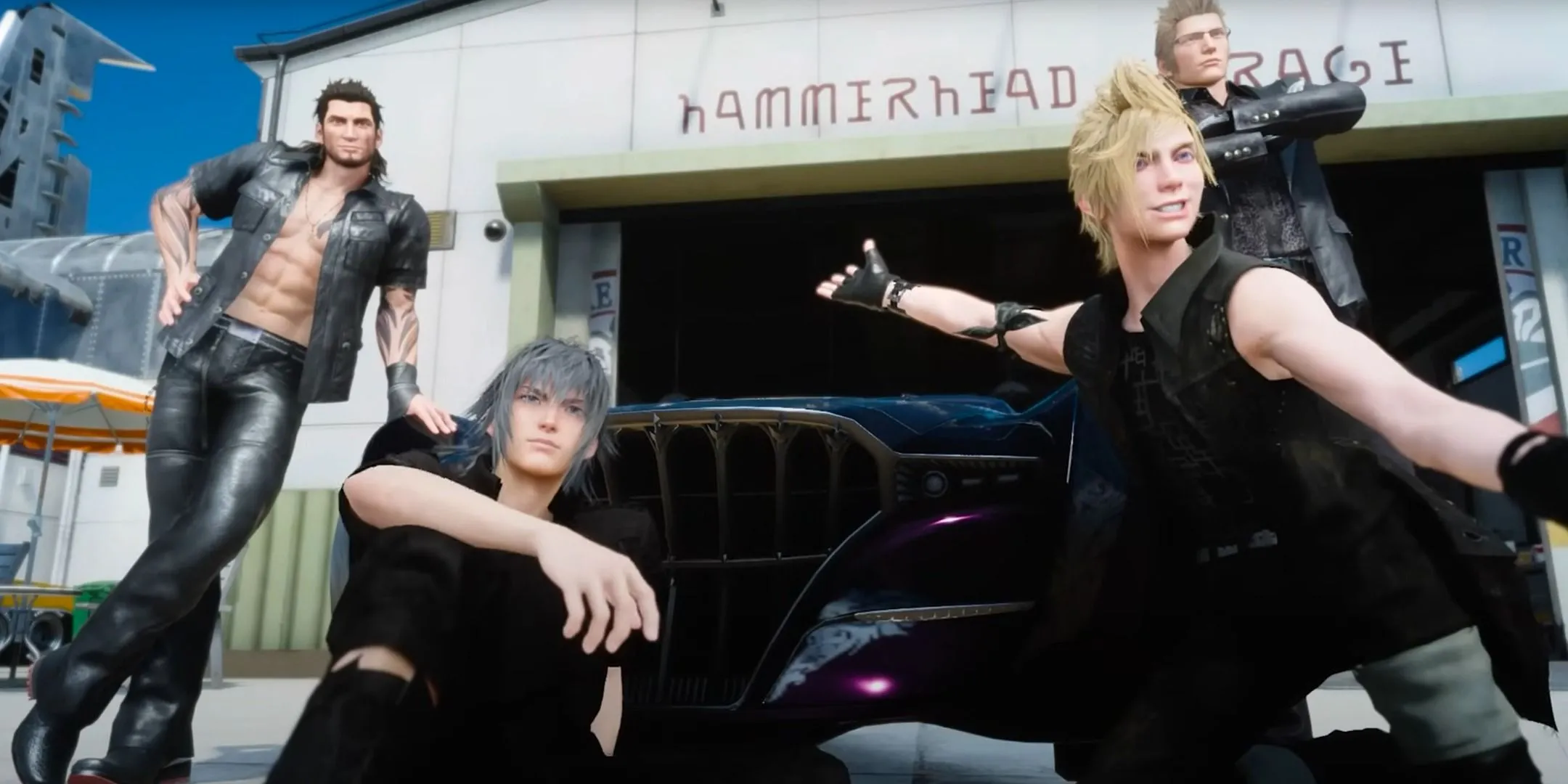 Bốn người bạn đồng hành Noctis, Ignis, Gladiolus và Prompto tạo dáng chụp ảnh, thể hiện tinh thần gắn kết và hành trình phiêu lưu của họ trong Final Fantasy 15.
