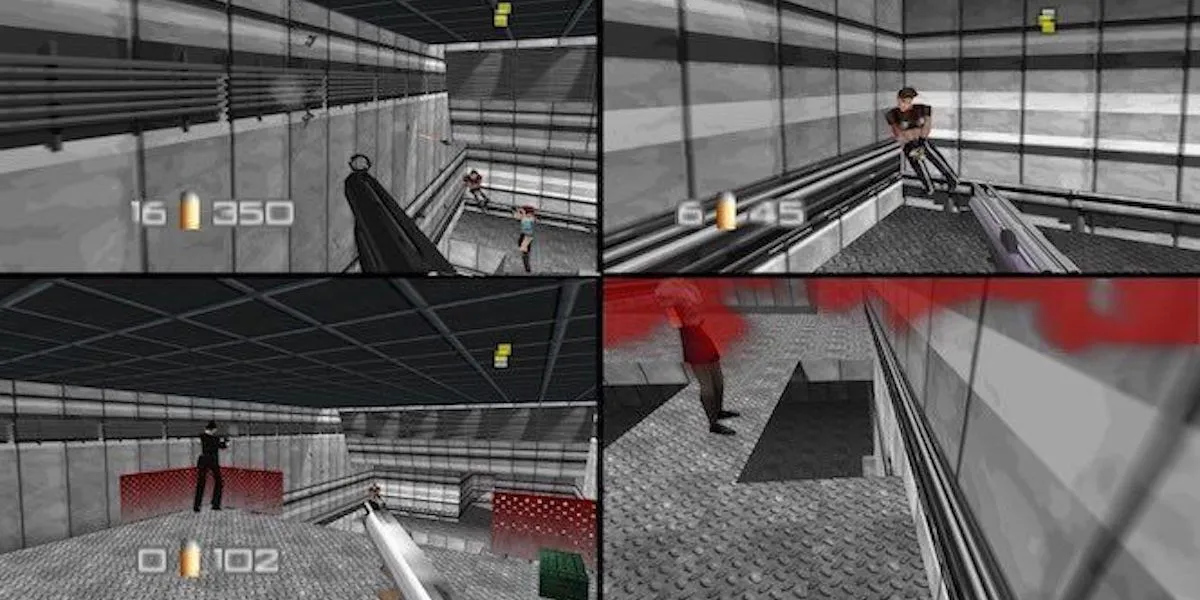 Bốn người chơi đang tham gia chế độ multiplayer chia màn hình trong tựa game Goldeneye 007, ví dụ điển hình về tình huống &quot;nhìn trộm&quot; màn hình.