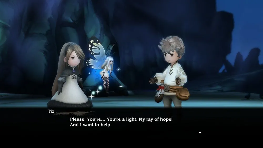 Bốn nhân vật chính Agnes, Tiz, Edea và Ringabel trong một khung cảnh thị trấn cổ kính của Bravely Default Flying Fairy HD Remaster