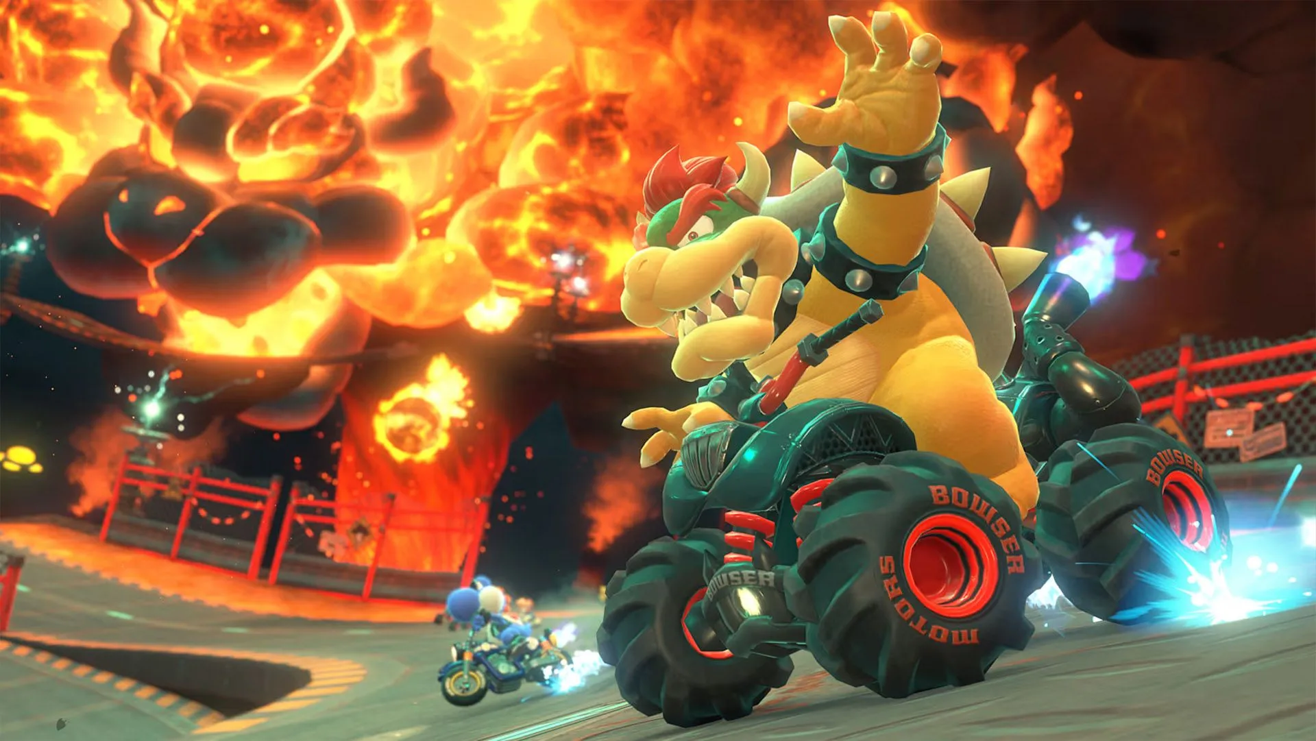 Bowser cuồng nhiệt với chiếc xe rực lửa trên đường đua đầy thử thách trong Mario Kart World