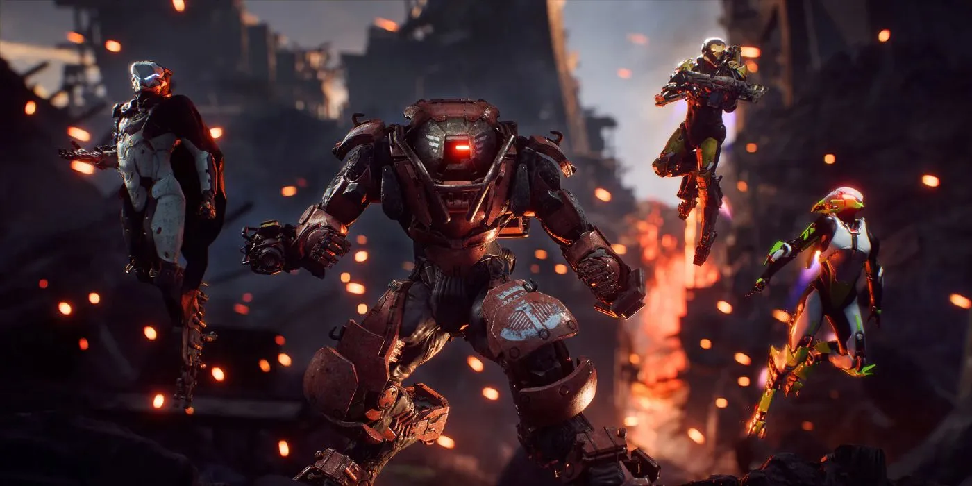 Các Freelancer bay lượn trên dòng dung nham trong thế giới game Anthem, một cảnh tượng đáng nhớ.