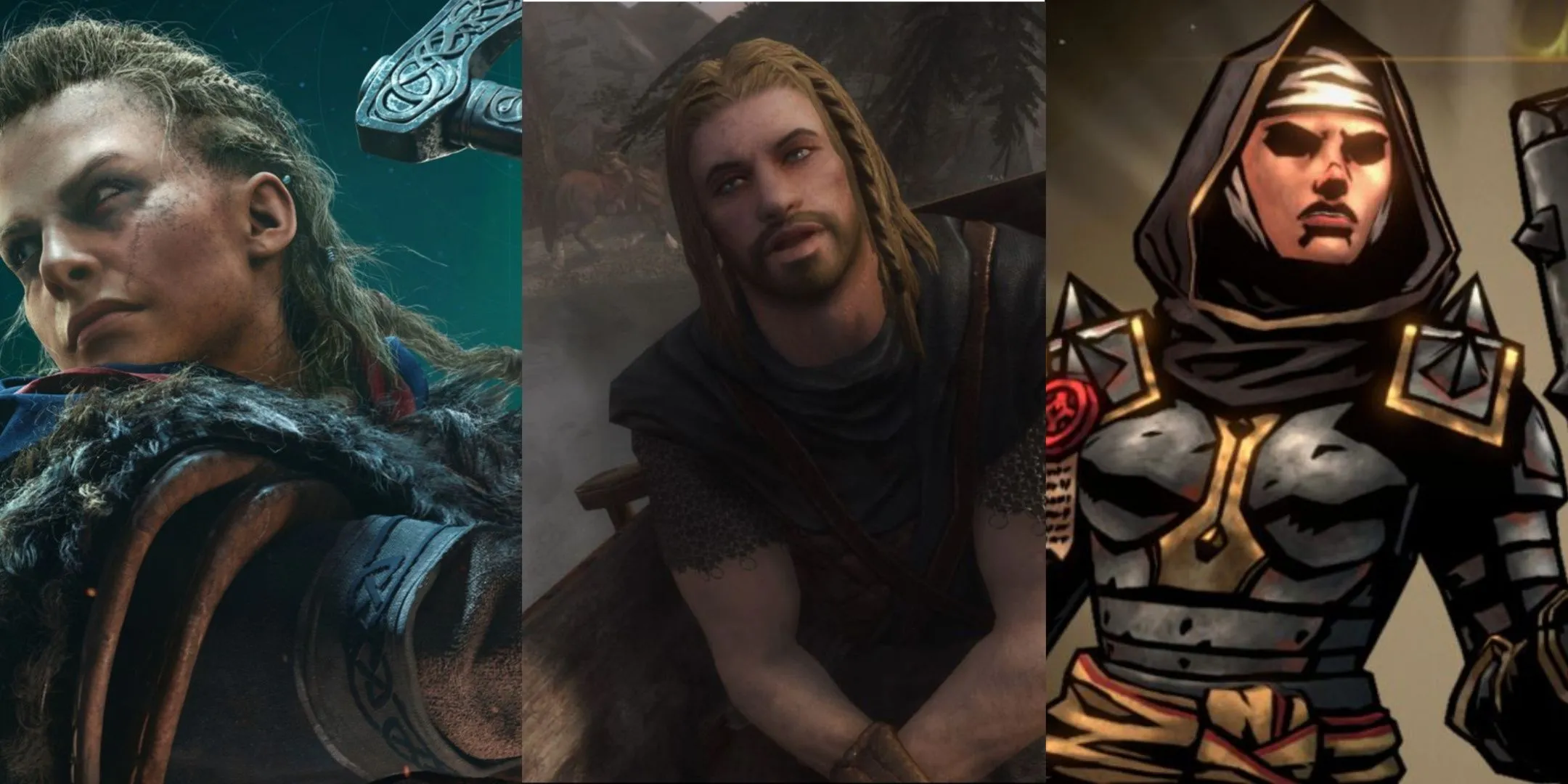 Các nhân vật game nhập vai thời trung cổ như Eivor (Assassin's Creed Valhalla), Ralof (Skyrim) và hiệp sĩ (Darkest Dungeon 2) đại diện cho thế giới fantasy tiềm ẩn bí mật