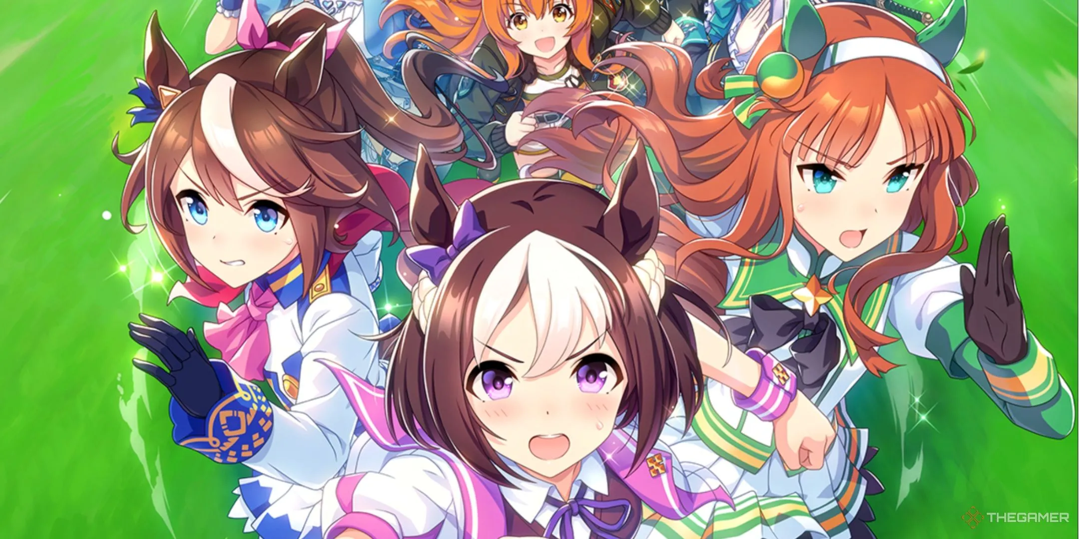 Các nhân vật nữ thần ngựa của Umamusume: Pretty Derby trong tư thế sẵn sàng xuất phát trên đường đua, thể hiện tinh thần cạnh tranh.